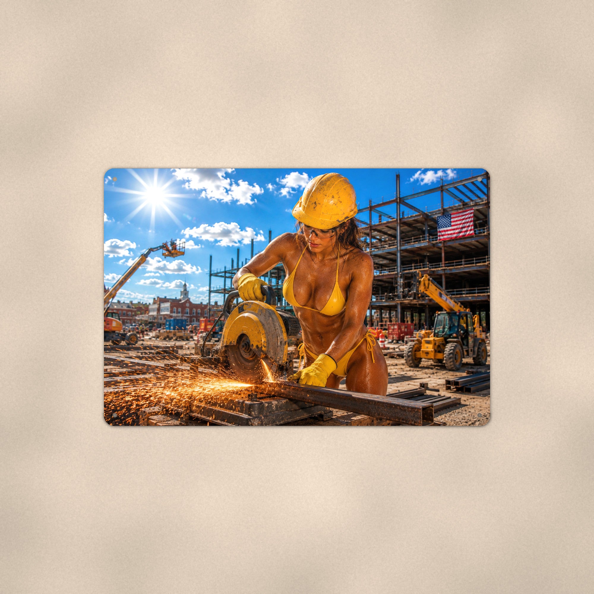 Hard hat worker cutting a steel beam in a shower of sparks Metal Wall Art, Aluminum Sign, Retro Pinup Wall Decor, Vintage Pin-Up Gift