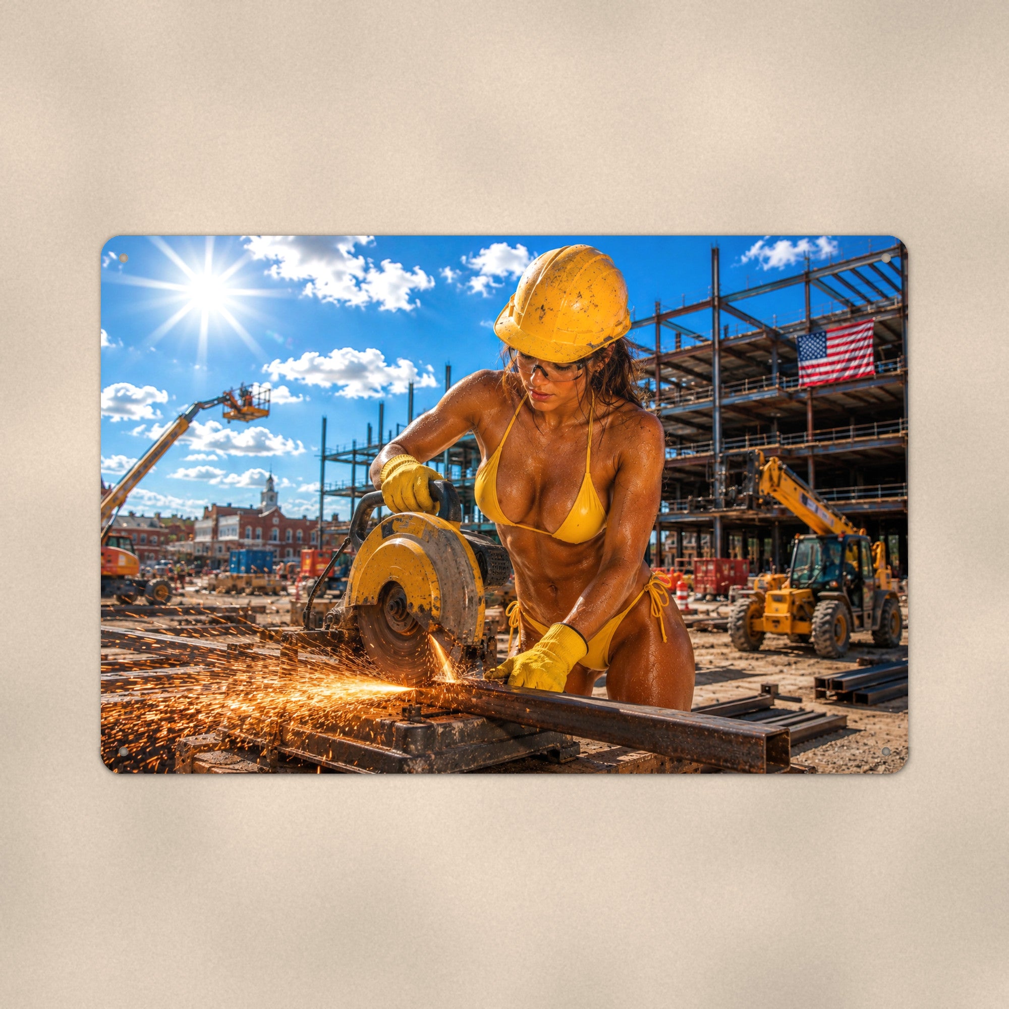 Hard hat worker cutting a steel beam in a shower of sparks Metal Wall Art, Aluminum Sign, Retro Pinup Wall Decor, Vintage Pin-Up Gift