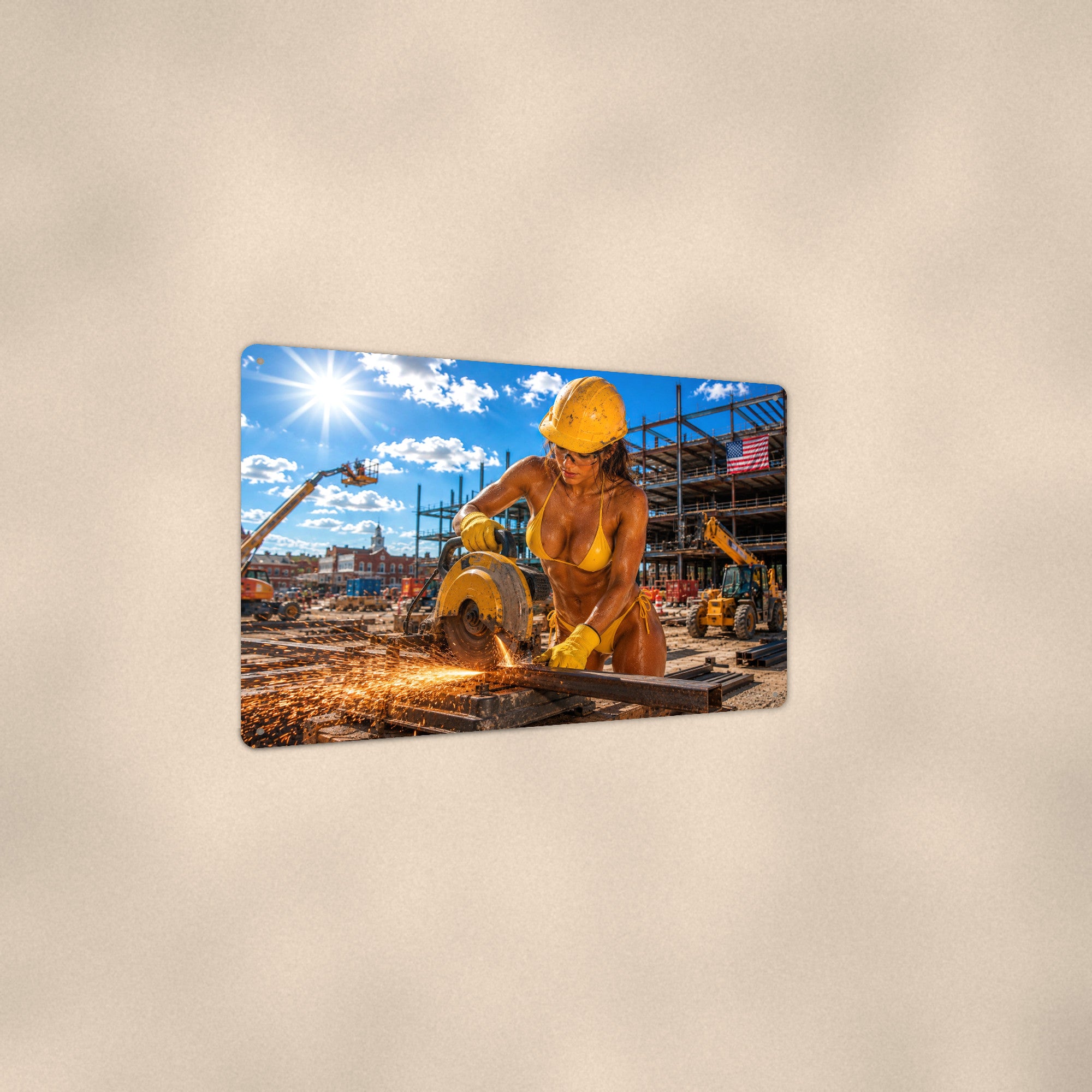 Hard hat worker cutting a steel beam in a shower of sparks Metal Wall Art, Aluminum Sign, Retro Pinup Wall Decor, Vintage Pin-Up Gift