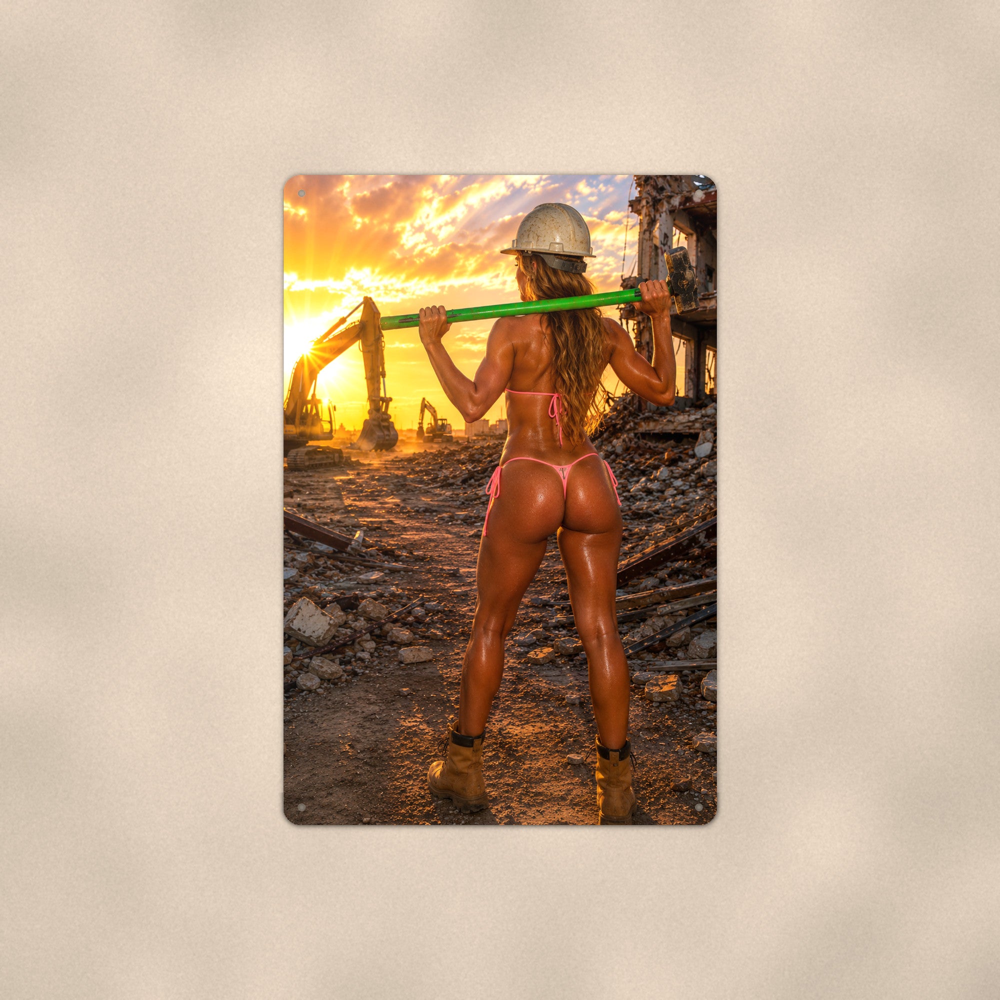 Demolition worker swinging a sledgehammer at sunset Metal Wall Art, Aluminum Sign, Retro Pinup Wall Decor, Vintage Pin-Up Gift