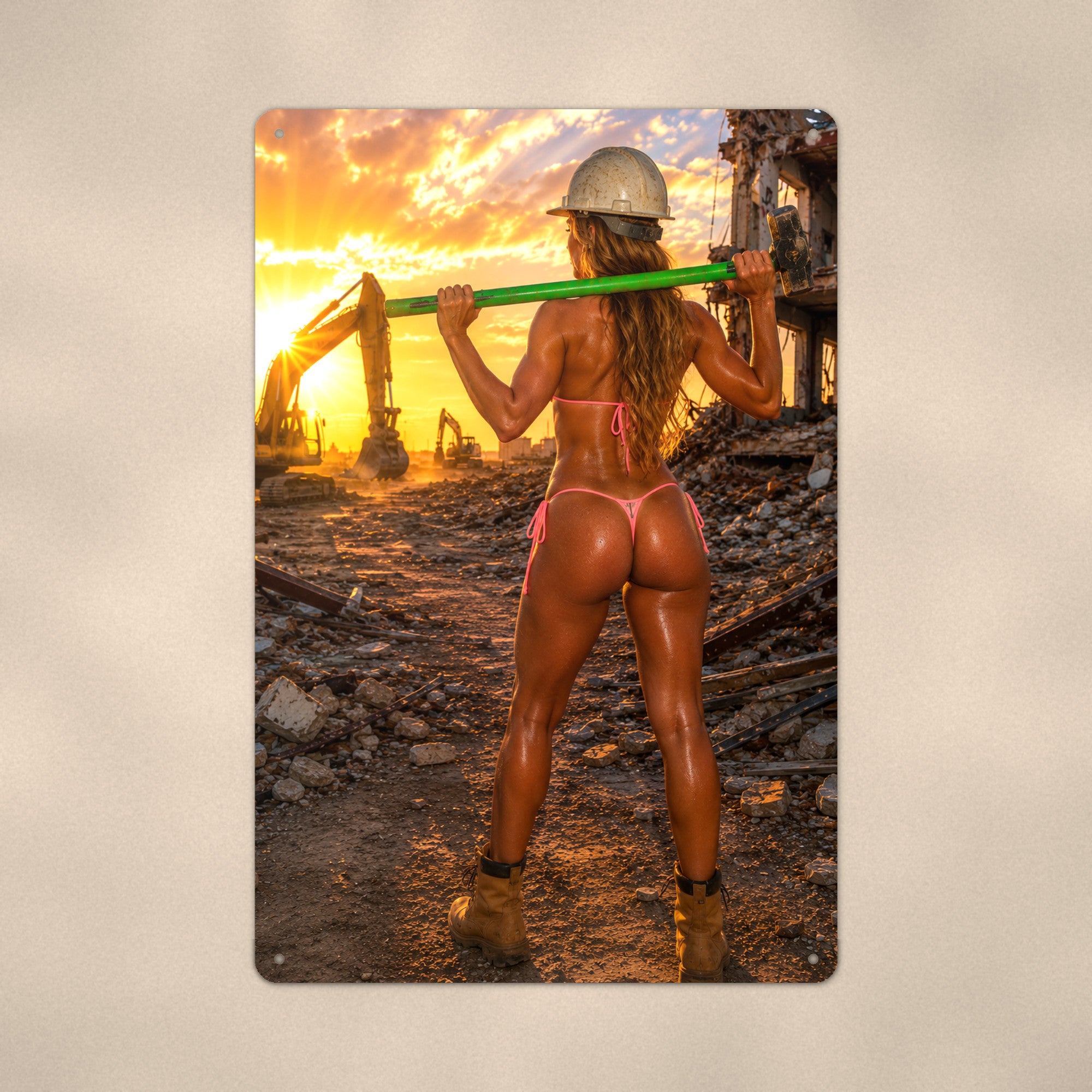 Demolition worker swinging a sledgehammer at sunset Metal Wall Art, Aluminum Sign, Retro Pinup Wall Decor, Vintage Pin-Up Gift