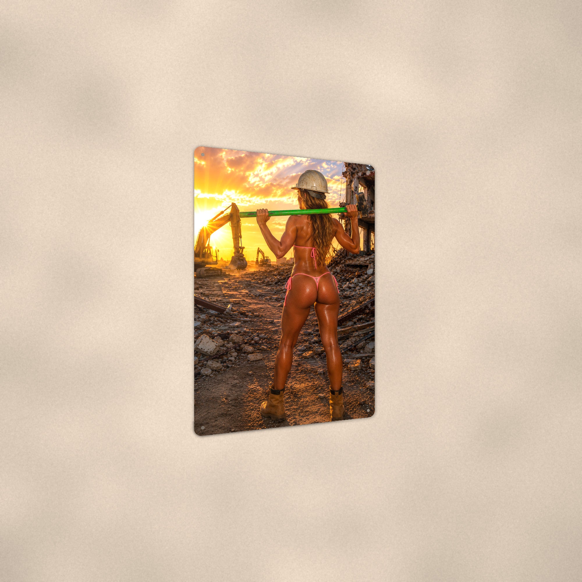 Demolition worker swinging a sledgehammer at sunset Metal Wall Art, Aluminum Sign, Retro Pinup Wall Decor, Vintage Pin-Up Gift