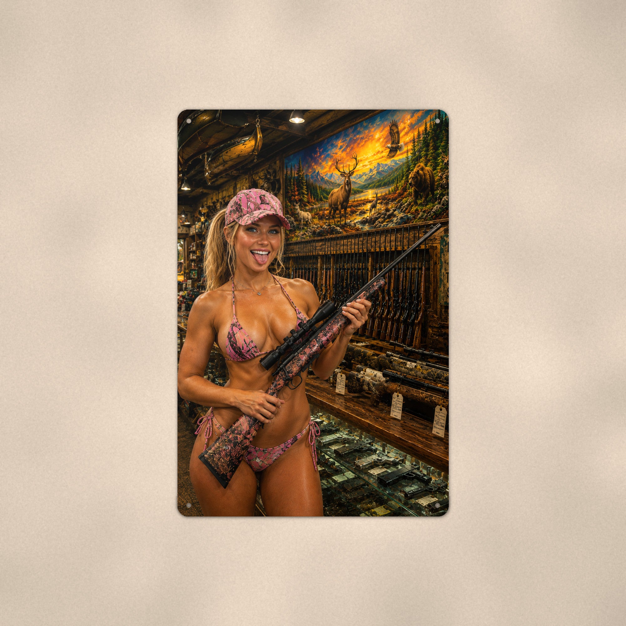 Camo shopper browsing rifles at the gun counter Metal Wall Art, Aluminum Sign, Retro Pinup Wall Decor, Vintage Pin-Up Gift