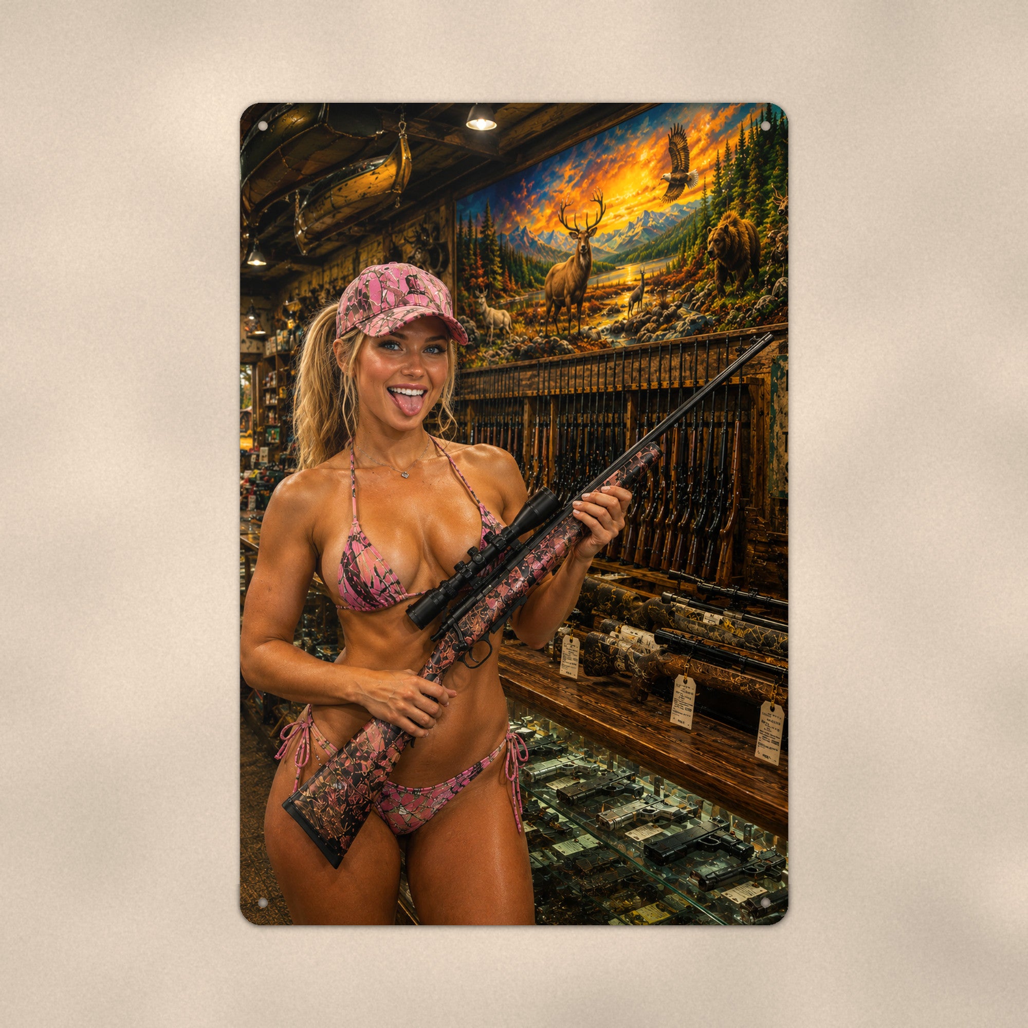 Camo shopper browsing rifles at the gun counter Metal Wall Art, Aluminum Sign, Retro Pinup Wall Decor, Vintage Pin-Up Gift