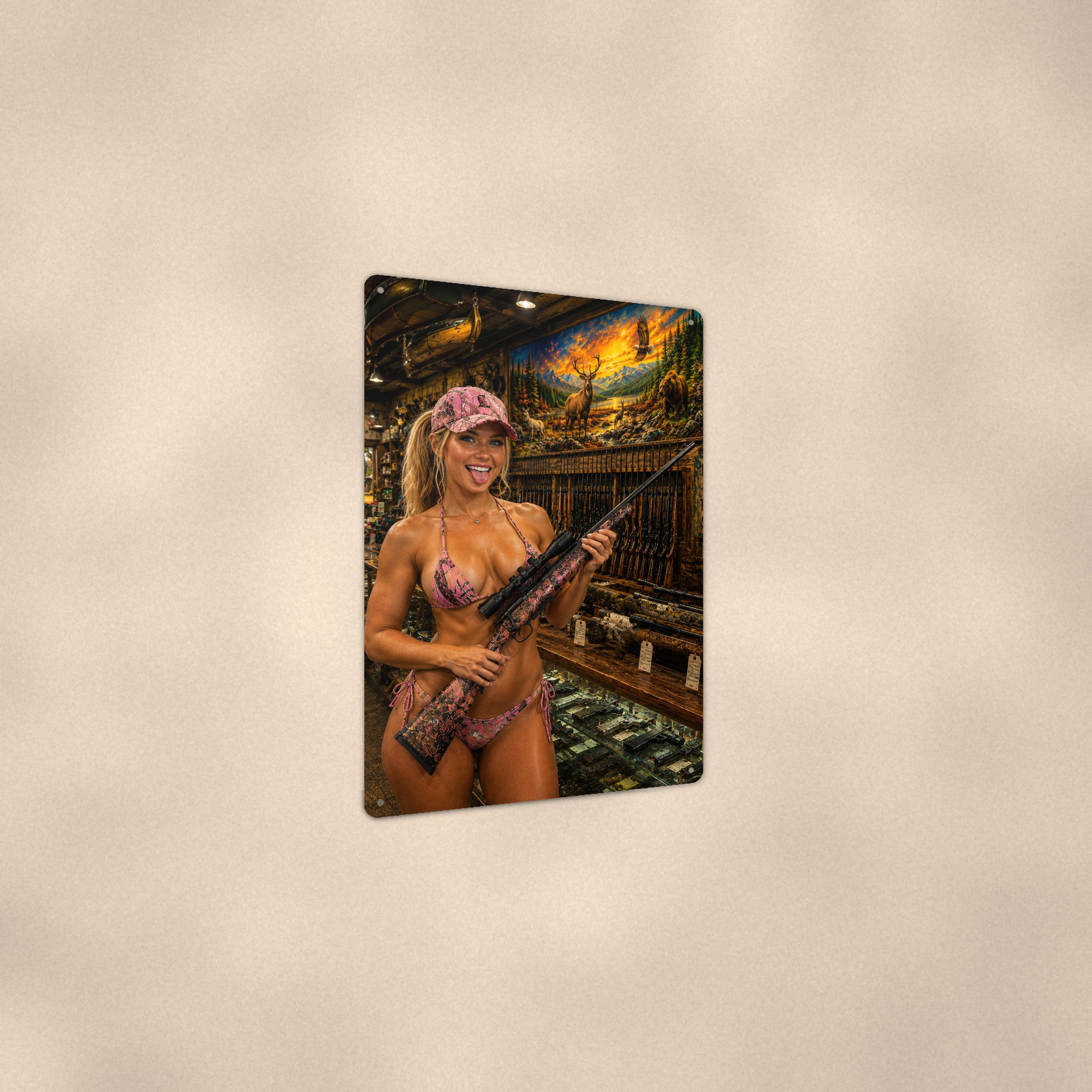 Camo shopper browsing rifles at the gun counter Metal Wall Art, Aluminum Sign, Retro Pinup Wall Decor, Vintage Pin-Up Gift