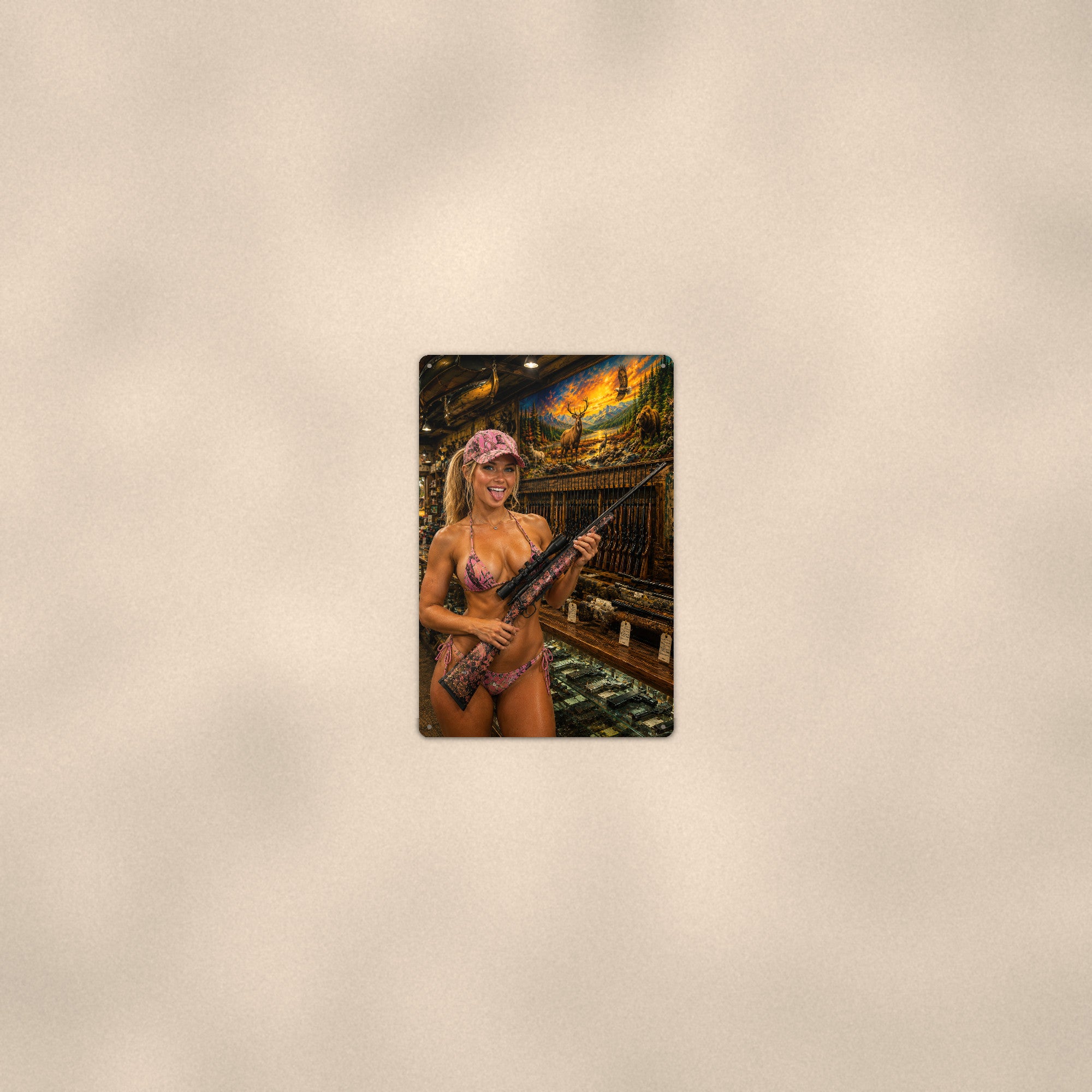 Camo shopper browsing rifles at the gun counter Metal Wall Art, Aluminum Sign, Retro Pinup Wall Decor, Vintage Pin-Up Gift