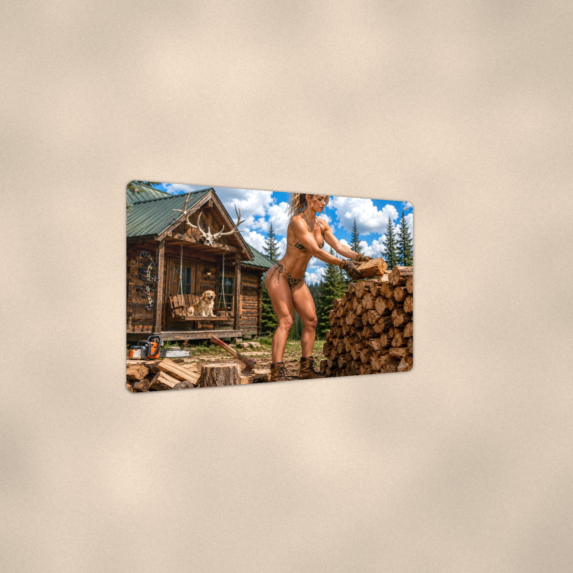 Camo woodcutter stacking firewood by the cabin Metal Wall Art, Aluminum Sign, Retro Pinup Wall Decor, Vintage Pin-Up Gift