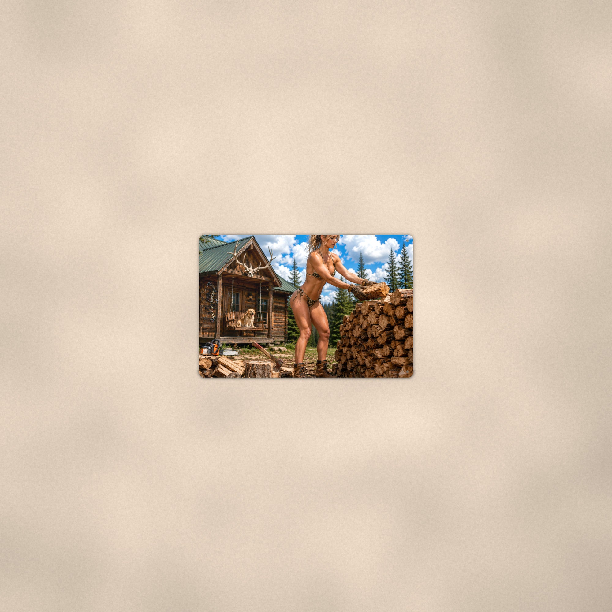 Camo woodcutter stacking firewood by the cabin Metal Wall Art, Aluminum Sign, Retro Pinup Wall Decor, Vintage Pin-Up Gift