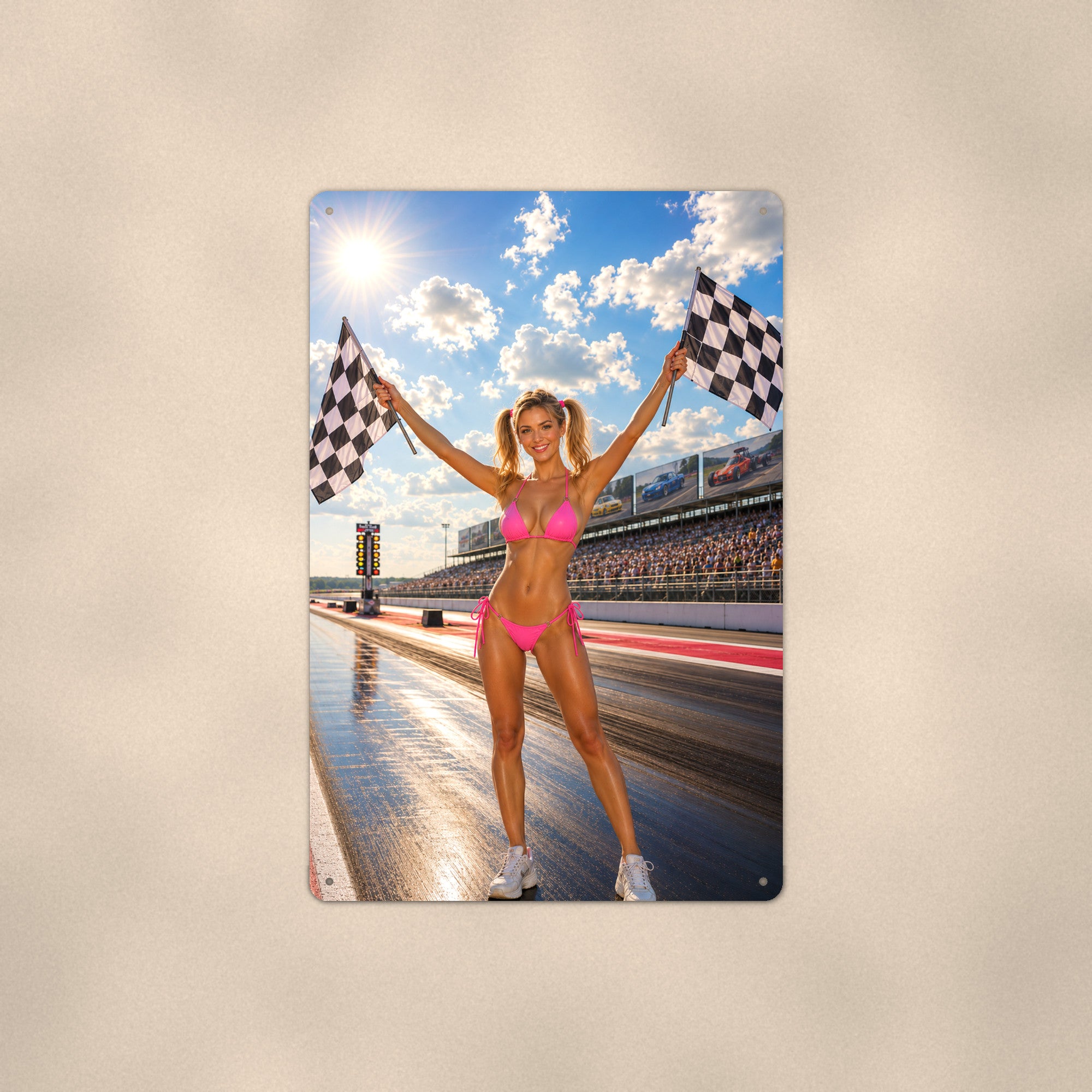 Flag girl waving the checkered flags at the strip Metal Wall Art, Aluminum Sign, Retro Pinup Wall Decor, Vintage Pin-Up Gift