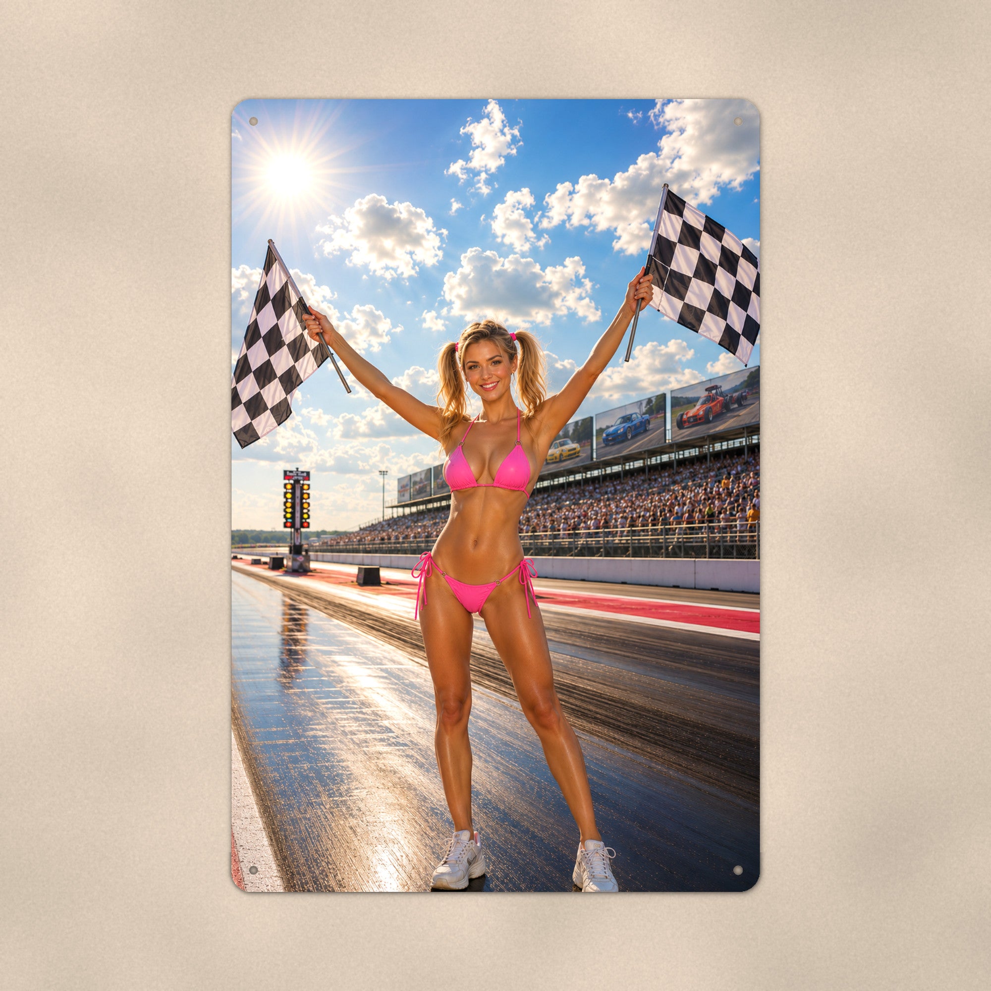 Flag girl waving the checkered flags at the strip Metal Wall Art, Aluminum Sign, Retro Pinup Wall Decor, Vintage Pin-Up Gift