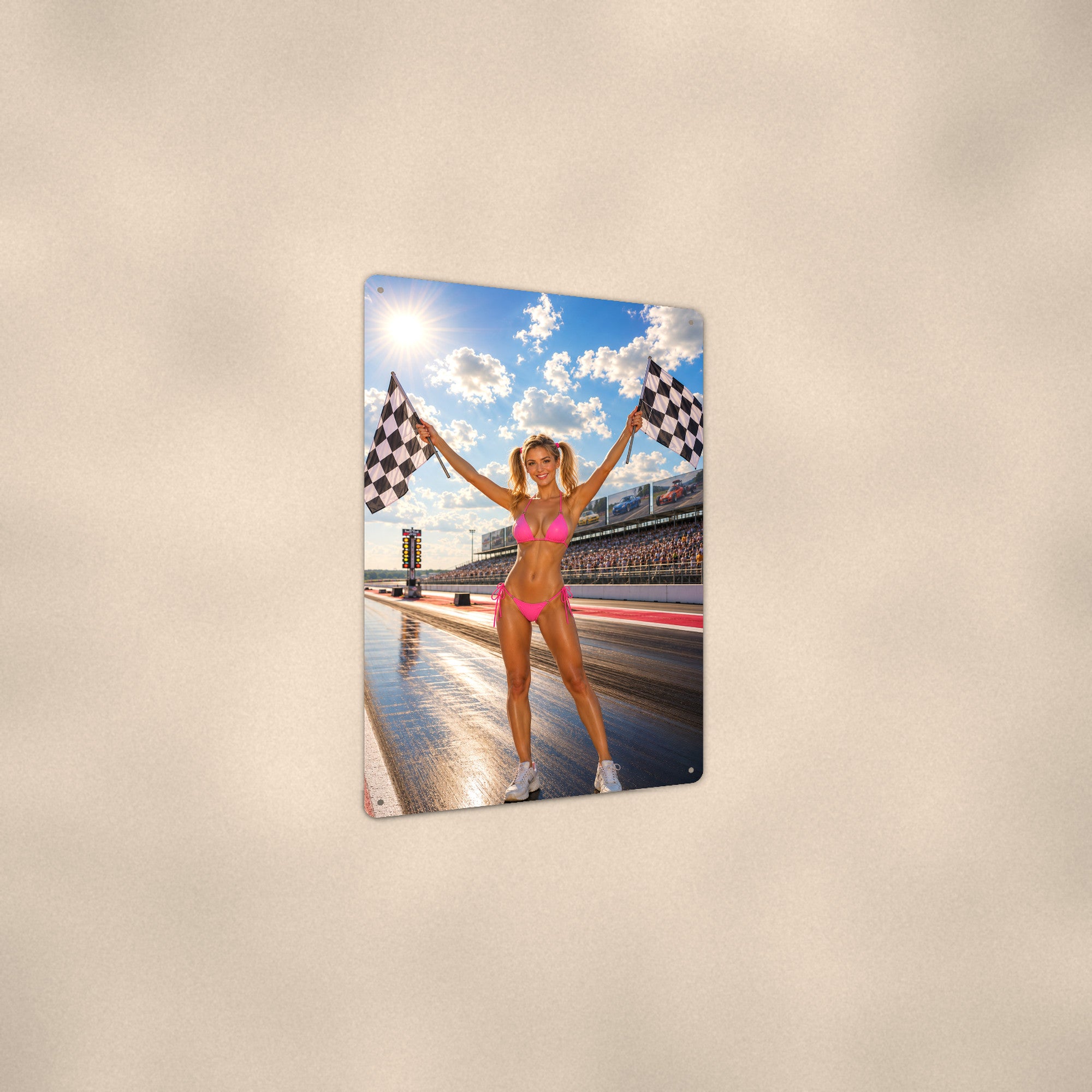 Flag girl waving the checkered flags at the strip Metal Wall Art, Aluminum Sign, Retro Pinup Wall Decor, Vintage Pin-Up Gift