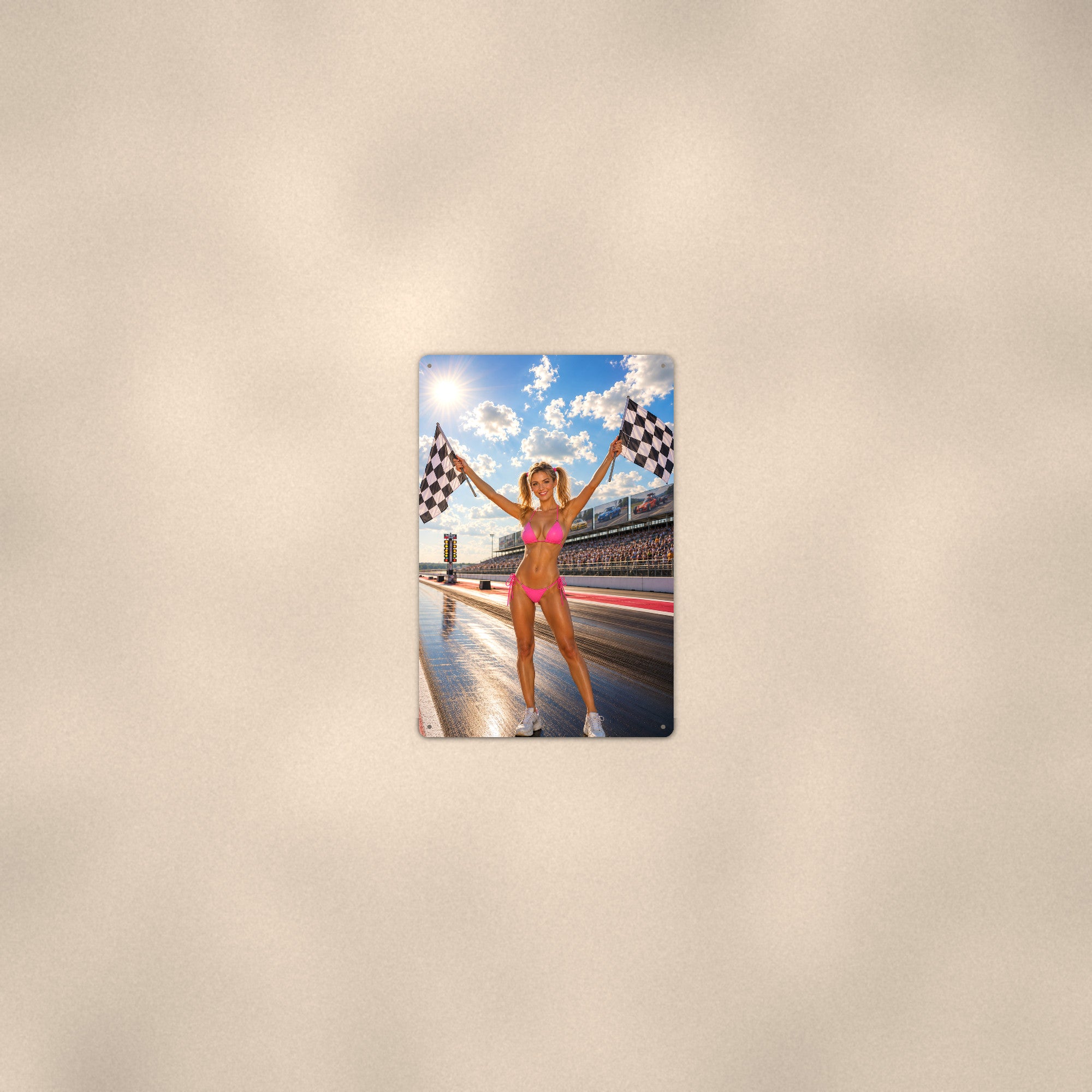 Flag girl waving the checkered flags at the strip Metal Wall Art, Aluminum Sign, Retro Pinup Wall Decor, Vintage Pin-Up Gift