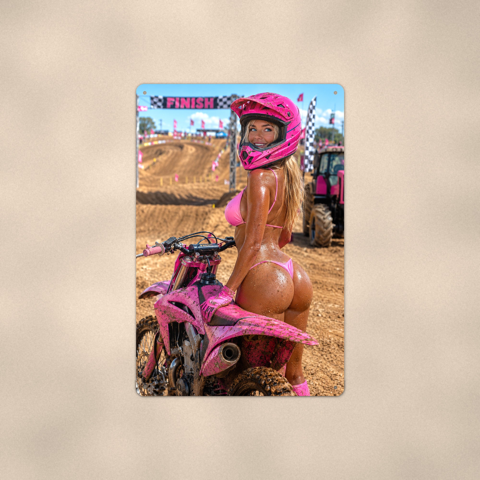 Muddy rider posing at the finish line banner Metal Wall Art, Aluminum Sign, Retro Pinup Wall Decor, Vintage Pin-Up Gift