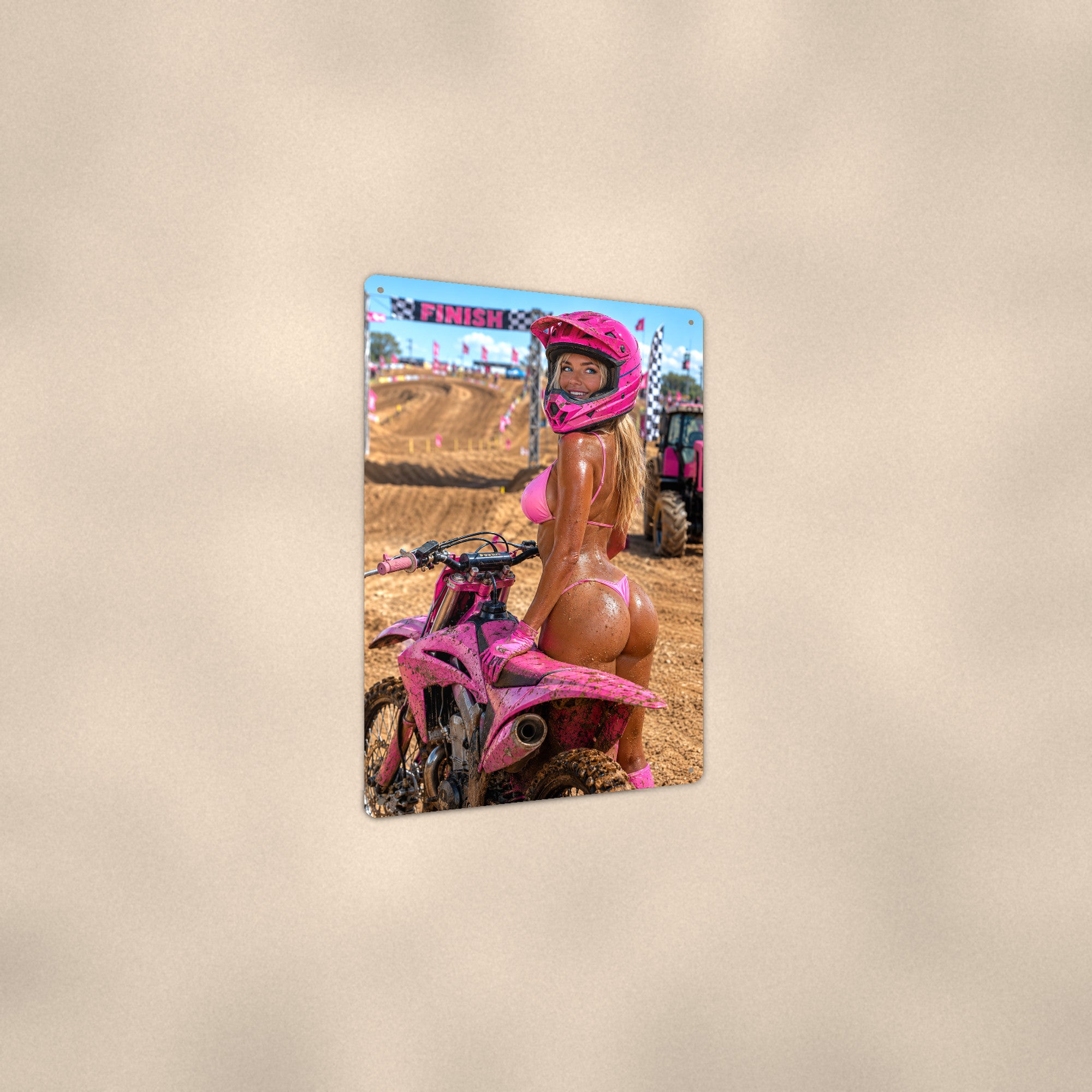 Muddy rider posing at the finish line banner Metal Wall Art, Aluminum Sign, Retro Pinup Wall Decor, Vintage Pin-Up Gift