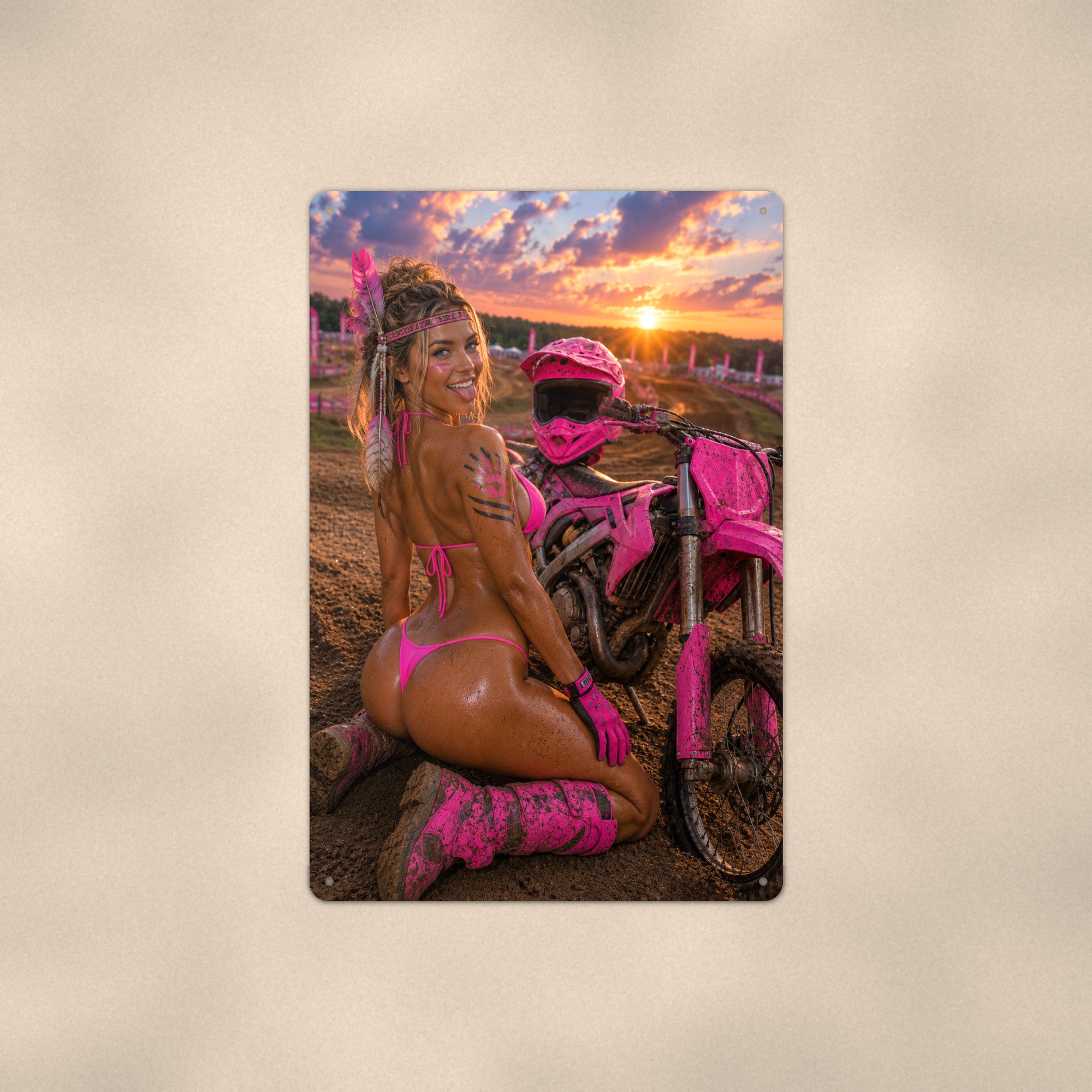 Rider posing trackside at the motocross track Metal Wall Art, Aluminum Sign, Retro Pinup Wall Decor, Vintage Pin-Up Gift