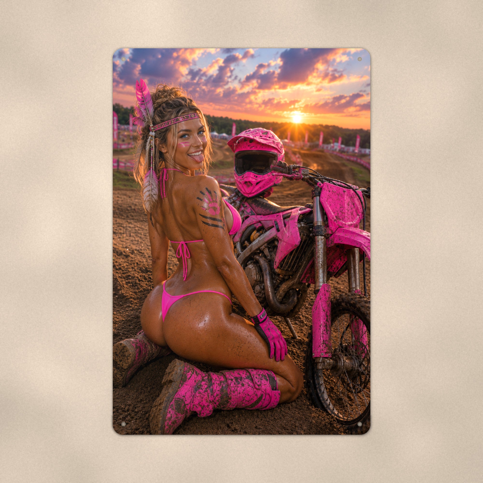 Rider posing trackside at the motocross track Metal Wall Art, Aluminum Sign, Retro Pinup Wall Decor, Vintage Pin-Up Gift