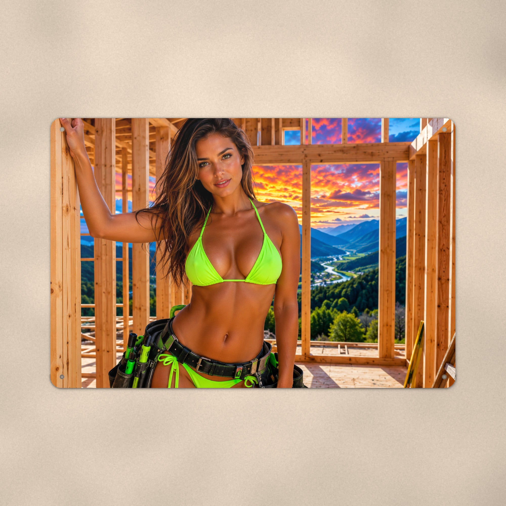 Worker framing a house at a mountain sunset Metal Wall Art, Aluminum Sign, Retro Pinup Wall Decor, Vintage Pin-Up Gift