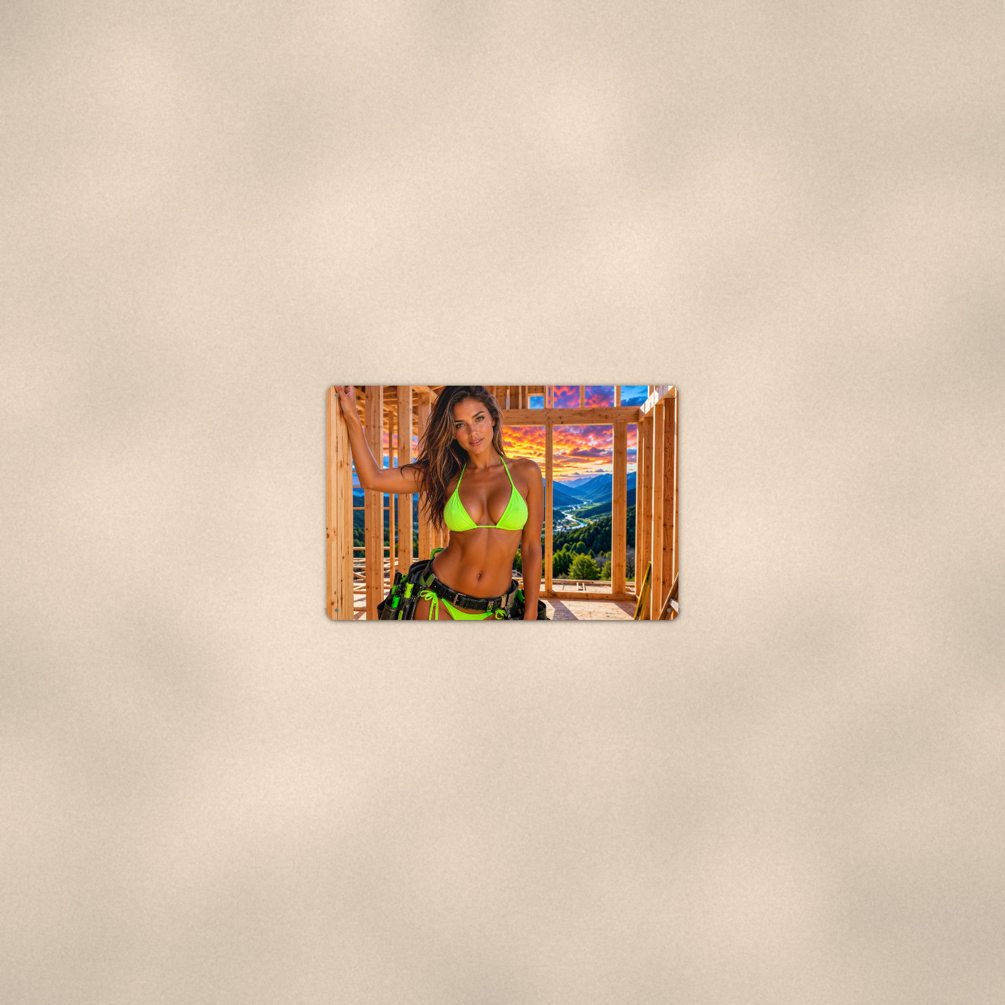 Worker framing a house at a mountain sunset Metal Wall Art, Aluminum Sign, Retro Pinup Wall Decor, Vintage Pin-Up Gift