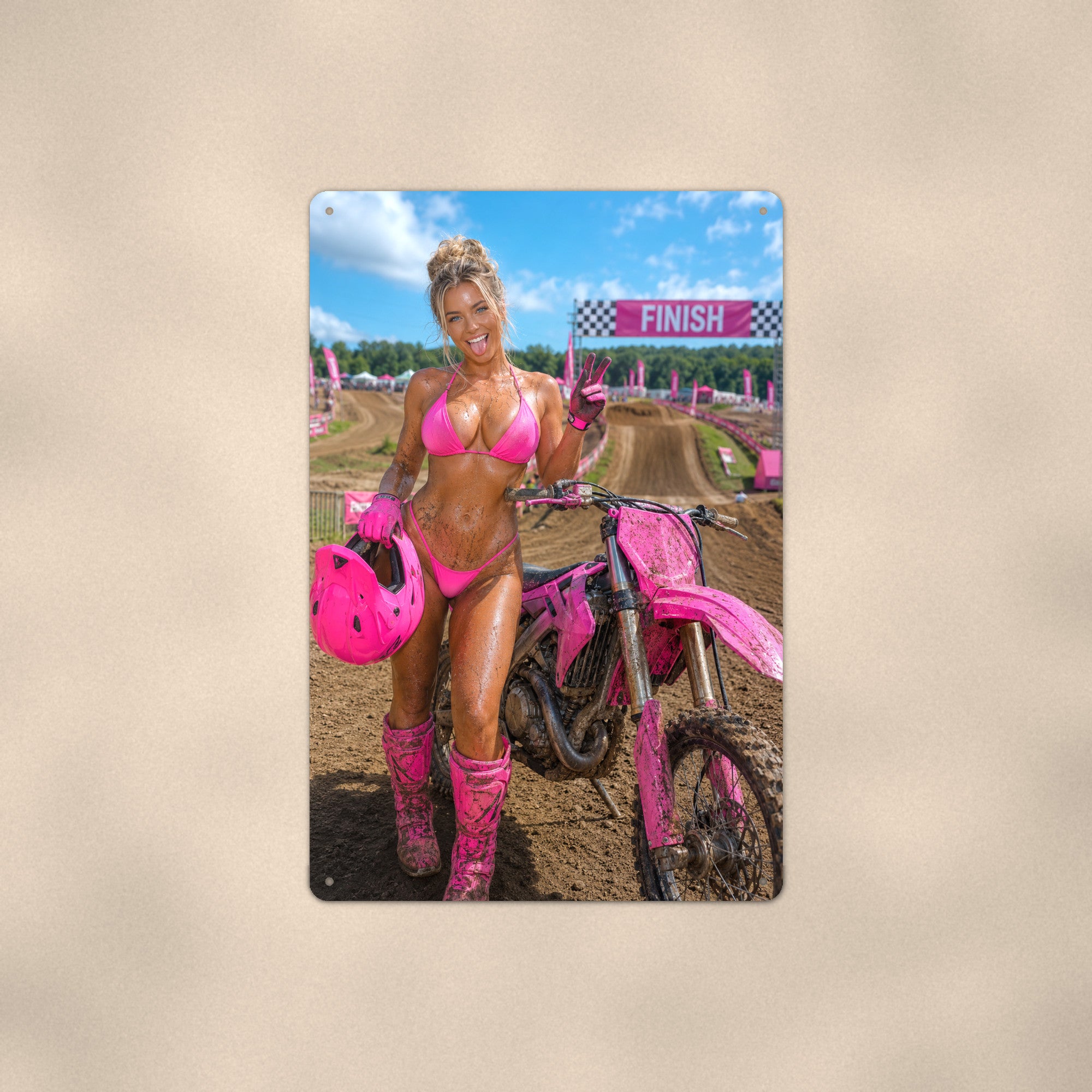 Rider giving a peace sign at the finish line Metal Wall Art, Aluminum Sign, Retro Pinup Wall Decor, Vintage Pin-Up Gift
