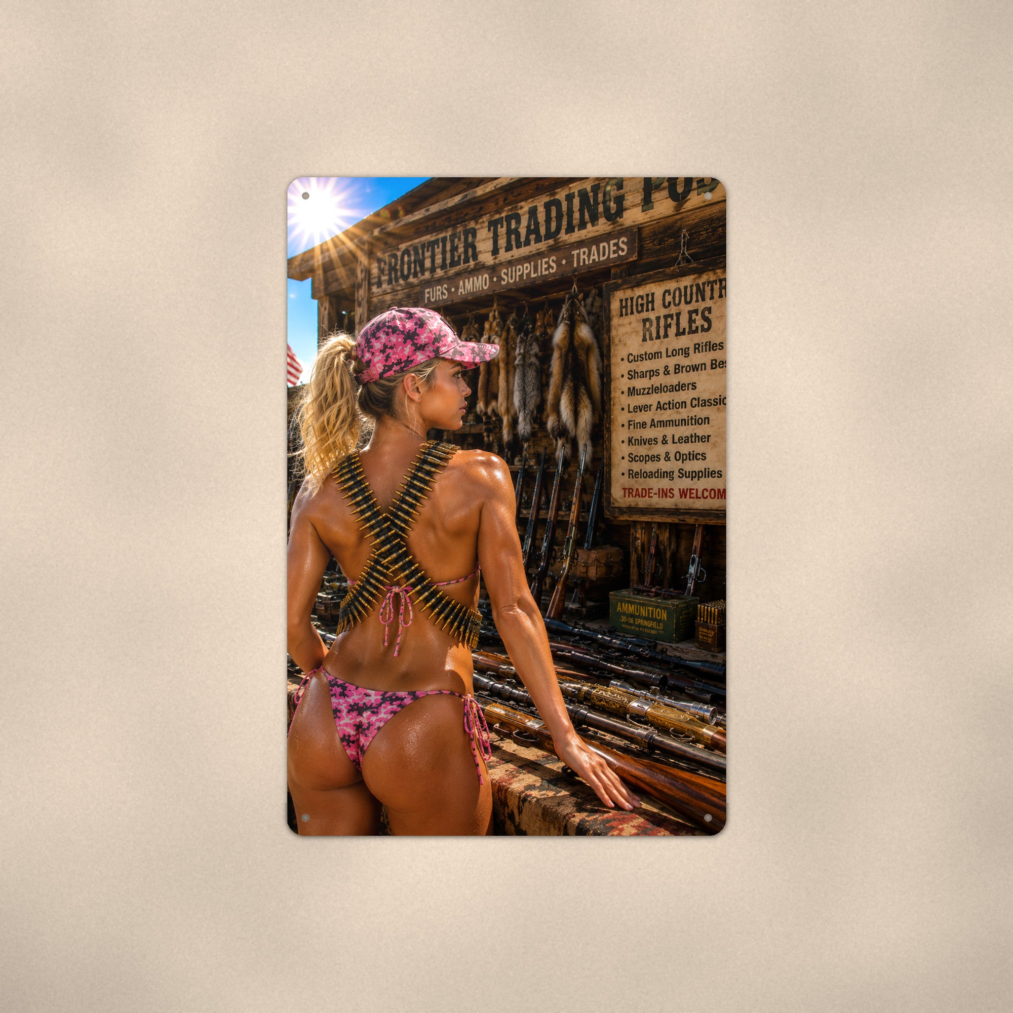 Trading-post shopper with a bandolier of rounds Metal Wall Art, Aluminum Sign, Retro Pinup Wall Decor, Vintage Pin-Up Gift