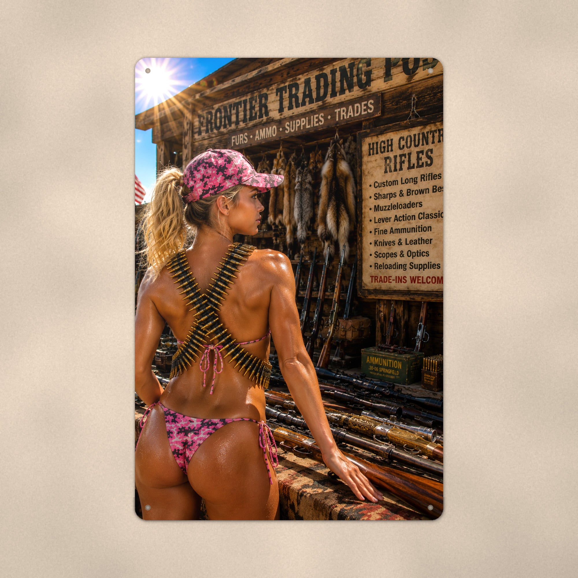 Trading-post shopper with a bandolier of rounds Metal Wall Art, Aluminum Sign, Retro Pinup Wall Decor, Vintage Pin-Up Gift