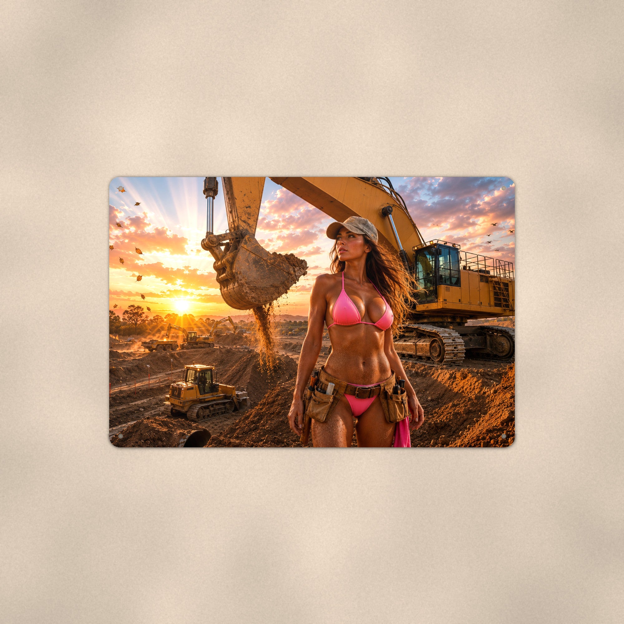 Worker before the excavator on an autumn dig site Metal Wall Art, Aluminum Sign, Retro Pinup Wall Decor, Vintage Pin-Up Gift