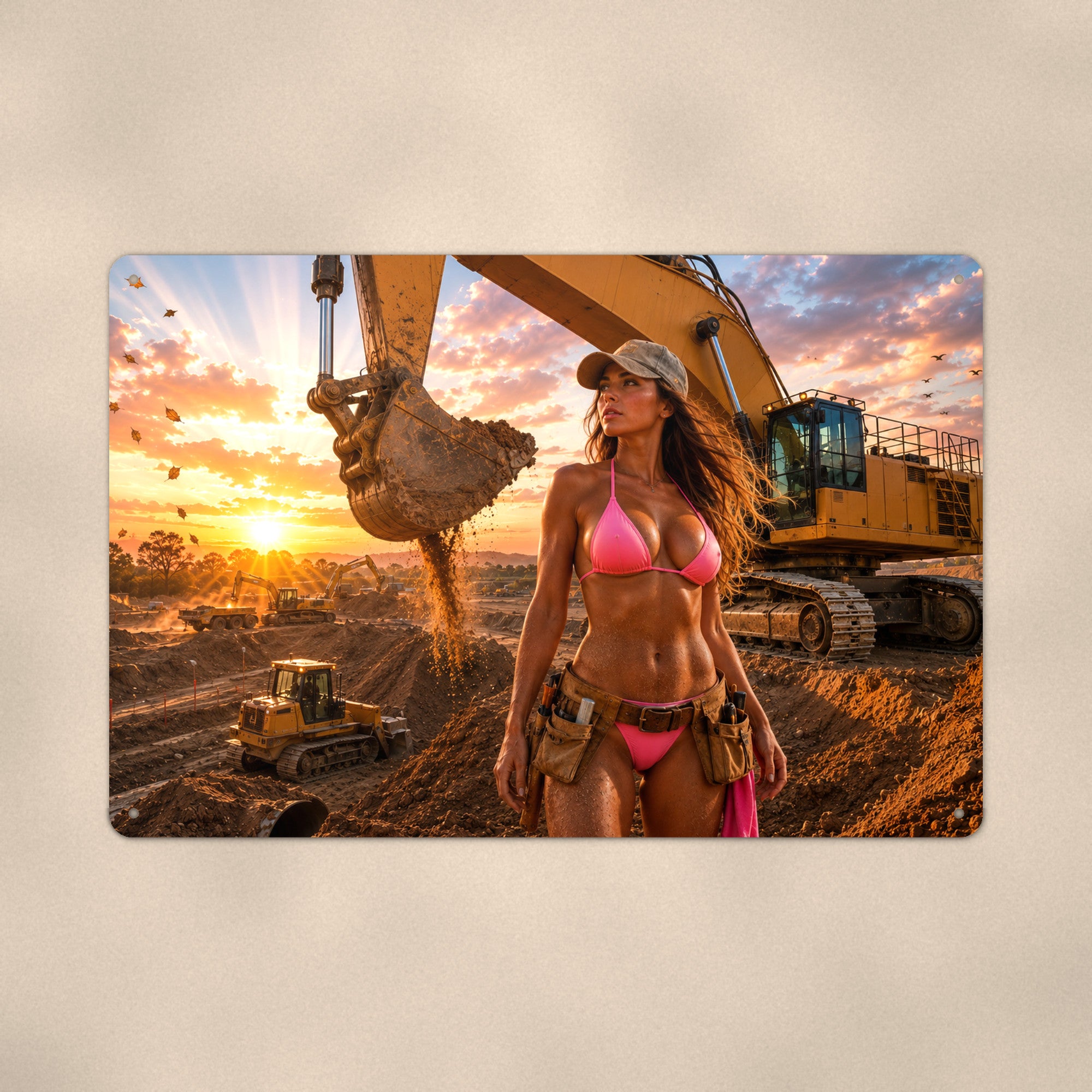 Worker before the excavator on an autumn dig site Metal Wall Art, Aluminum Sign, Retro Pinup Wall Decor, Vintage Pin-Up Gift