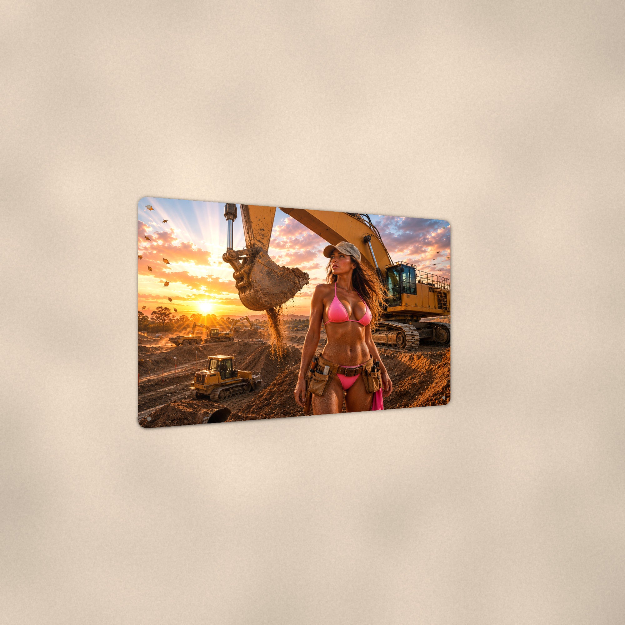 Worker before the excavator on an autumn dig site Metal Wall Art, Aluminum Sign, Retro Pinup Wall Decor, Vintage Pin-Up Gift