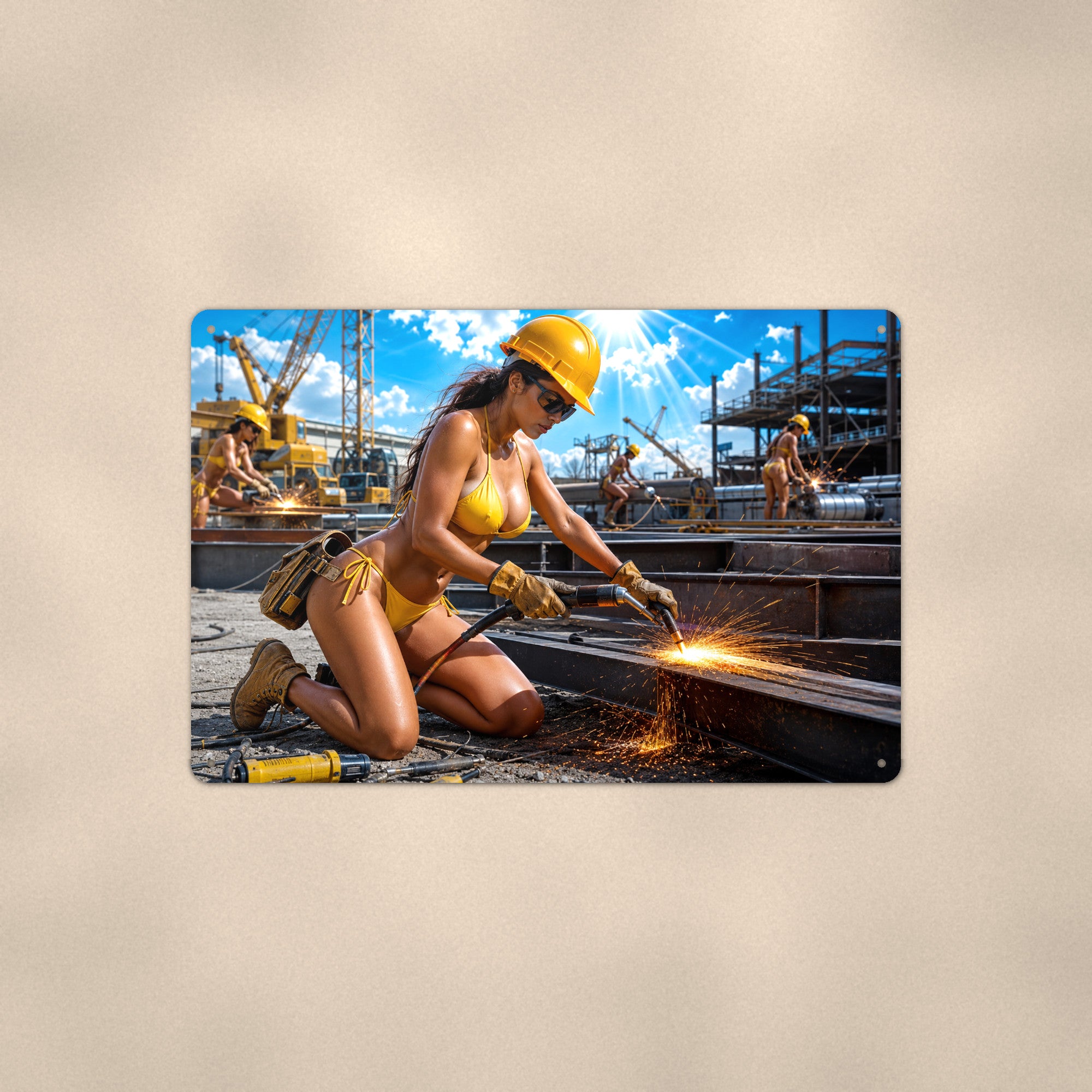 Pipefitter torch-cutting steel at the industrial site Metal Wall Art, Aluminum Sign, Retro Pinup Wall Decor, Vintage Pin-Up Gift