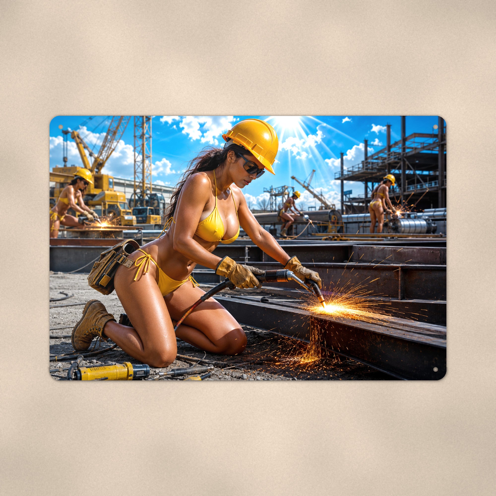 Pipefitter torch-cutting steel at the industrial site Metal Wall Art, Aluminum Sign, Retro Pinup Wall Decor, Vintage Pin-Up Gift