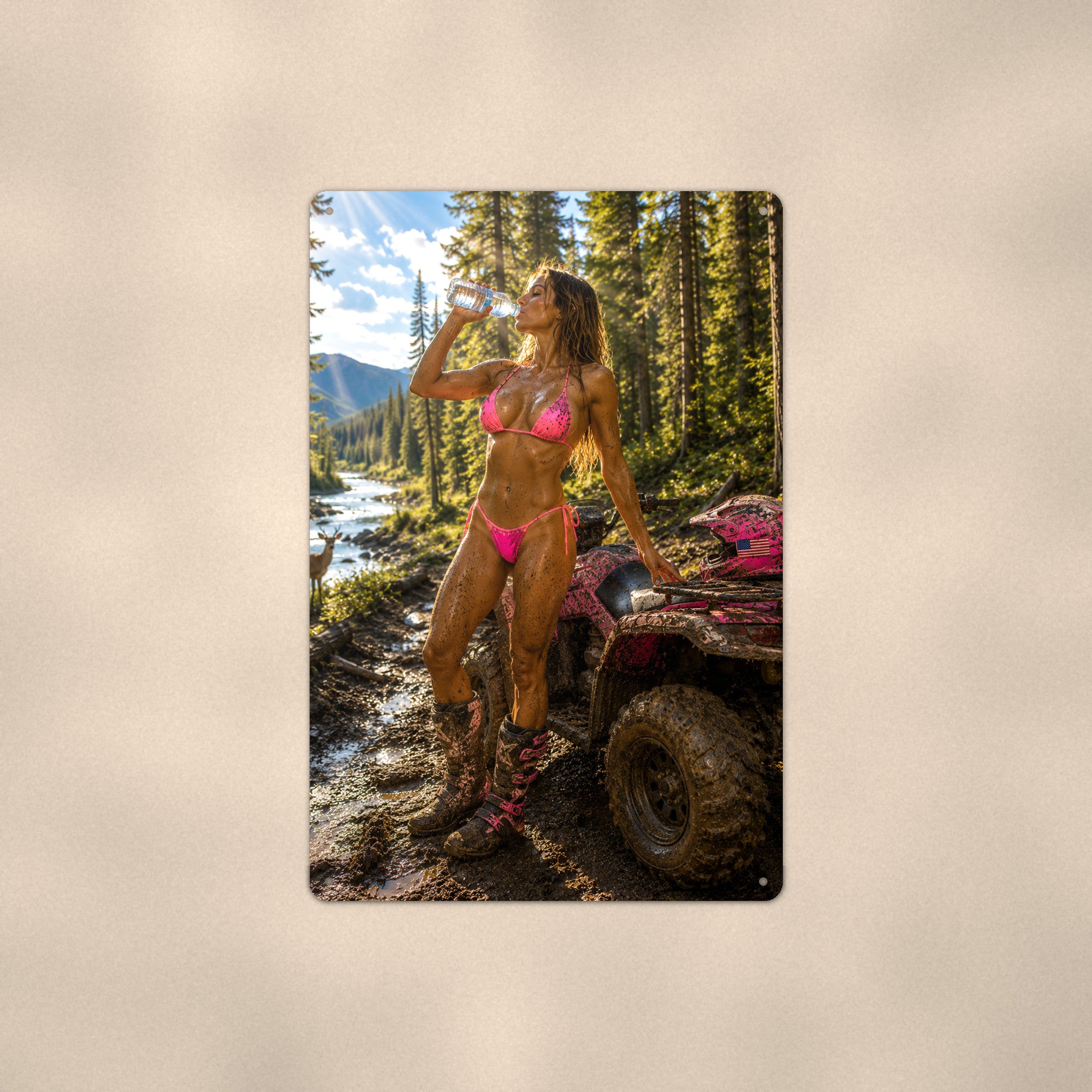 Camo Rider Pausing by the Forest River Motorsport Bikini Aluminum Sign