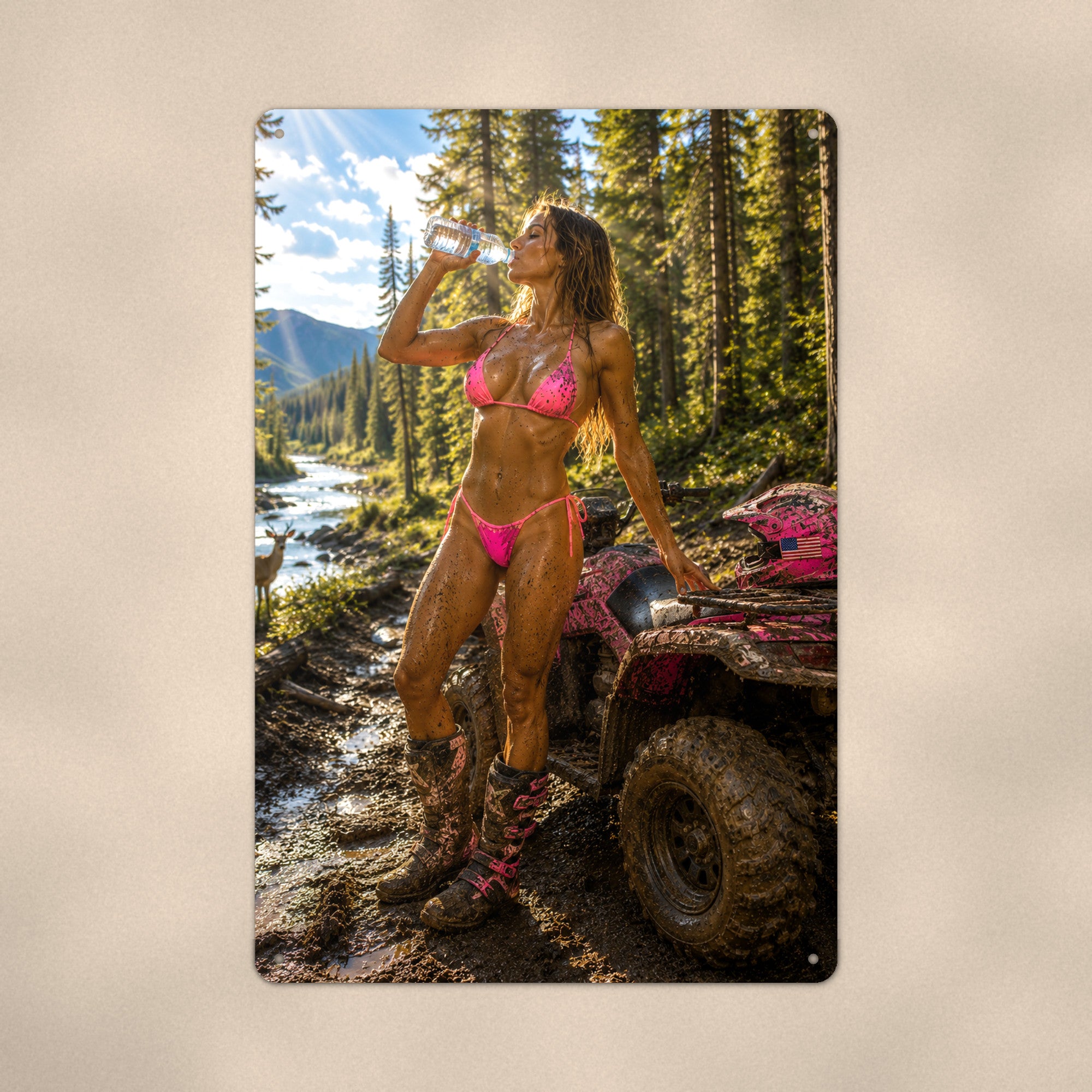 Camo Rider Pausing by the Forest River Motorsport Bikini Aluminum Sign