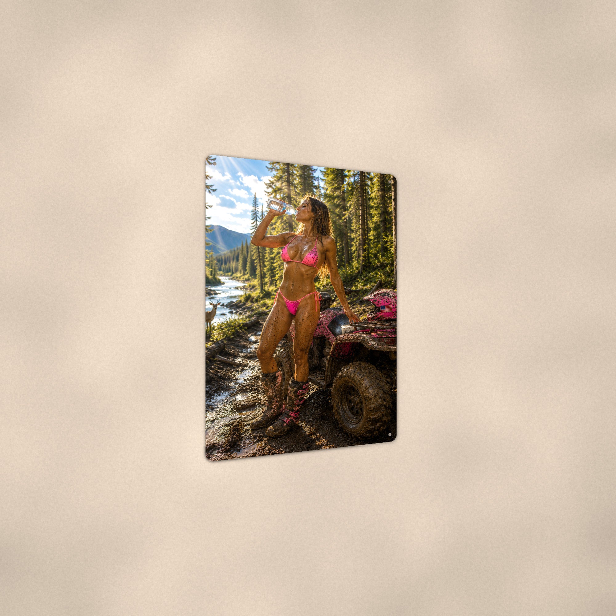 Camo Rider Pausing by the Forest River Motorsport Bikini Aluminum Sign