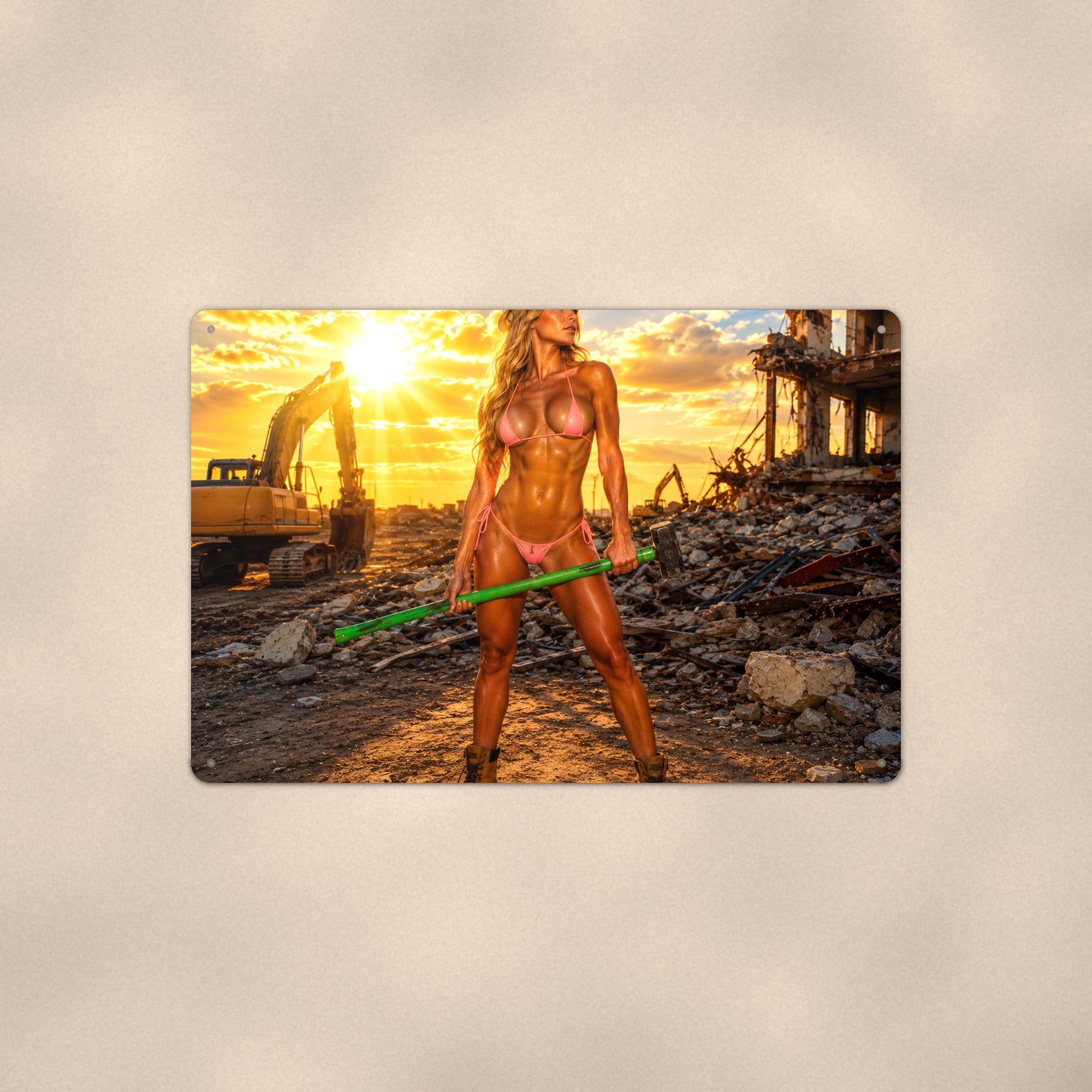 Demolition worker at the rubble site sunset Metal Wall Art, Aluminum Sign, Retro Pinup Wall Decor, Vintage Pin-Up Gift