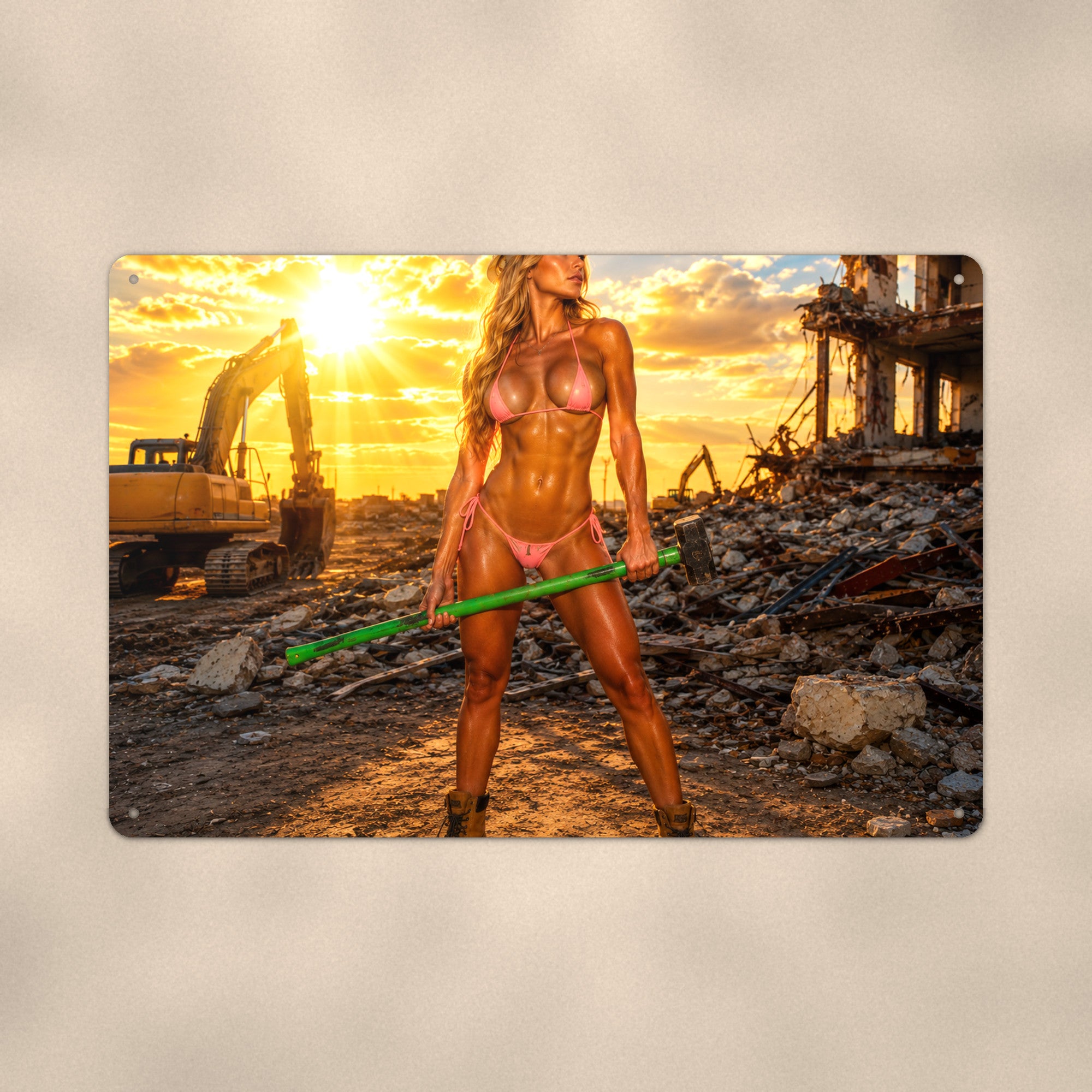 Demolition worker at the rubble site sunset Metal Wall Art, Aluminum Sign, Retro Pinup Wall Decor, Vintage Pin-Up Gift