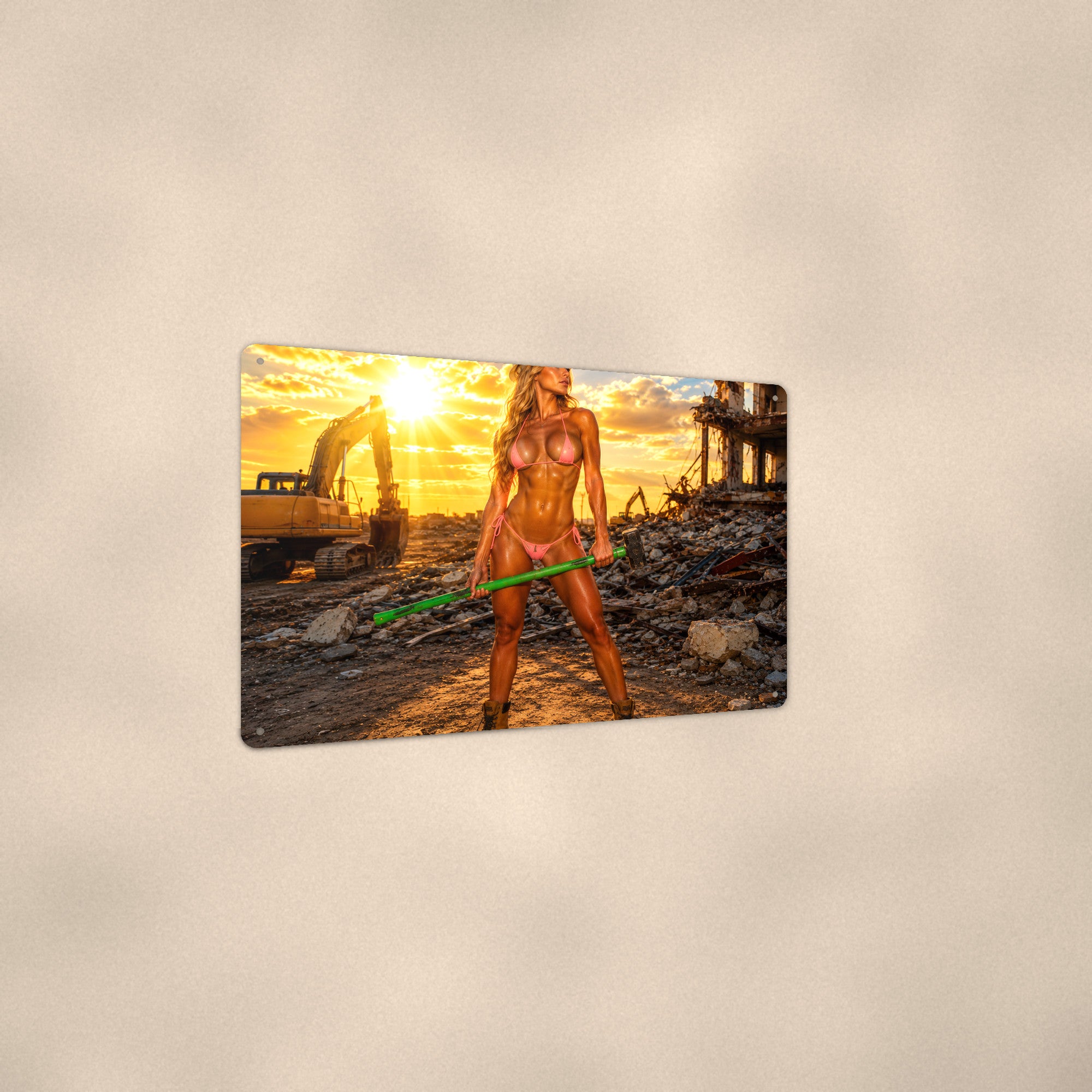 Demolition worker at the rubble site sunset Metal Wall Art, Aluminum Sign, Retro Pinup Wall Decor, Vintage Pin-Up Gift