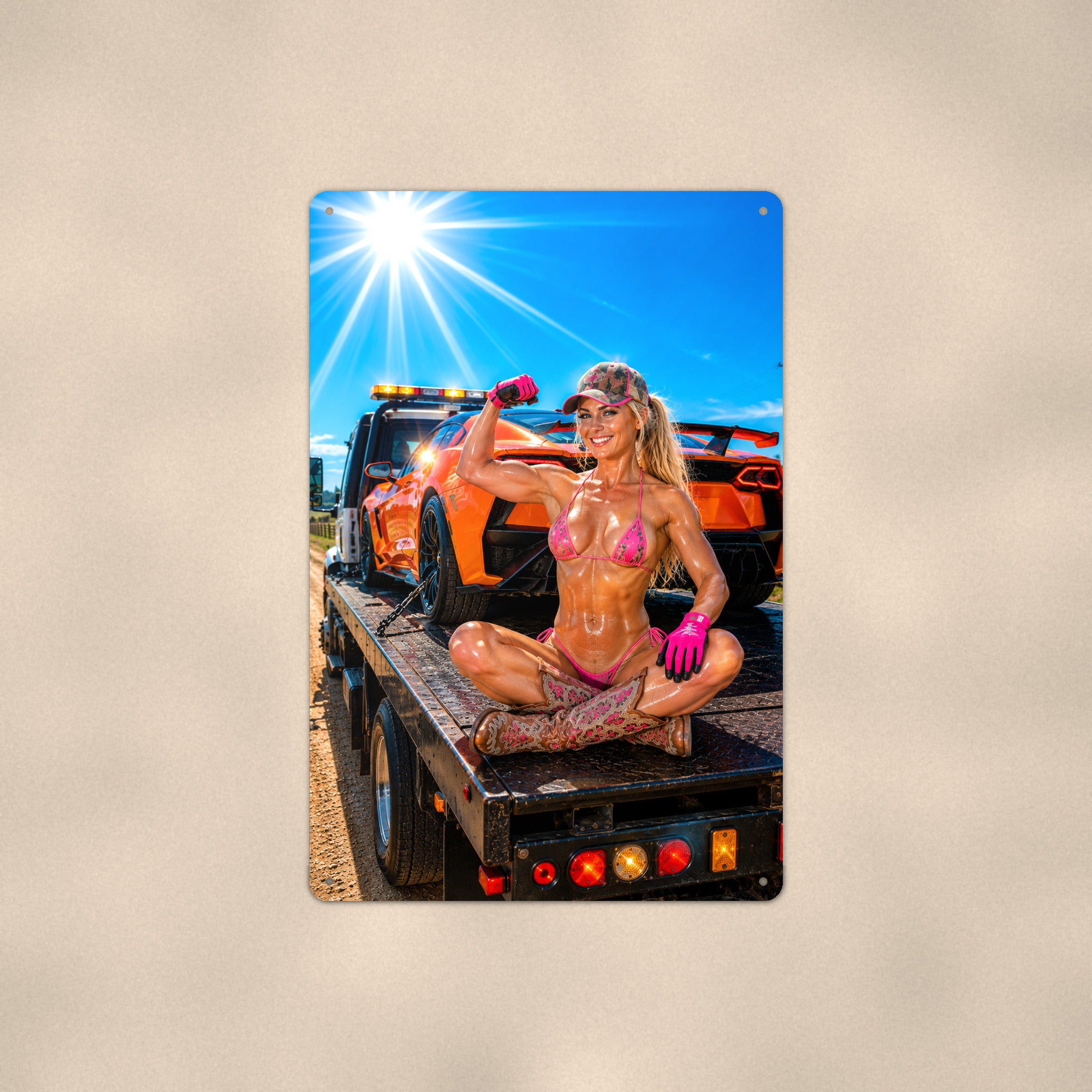 Flatbed rider hauling a sports car Metal Wall Art, Aluminum Sign, Retro Pinup Wall Decor, Vintage Pin-Up Gift