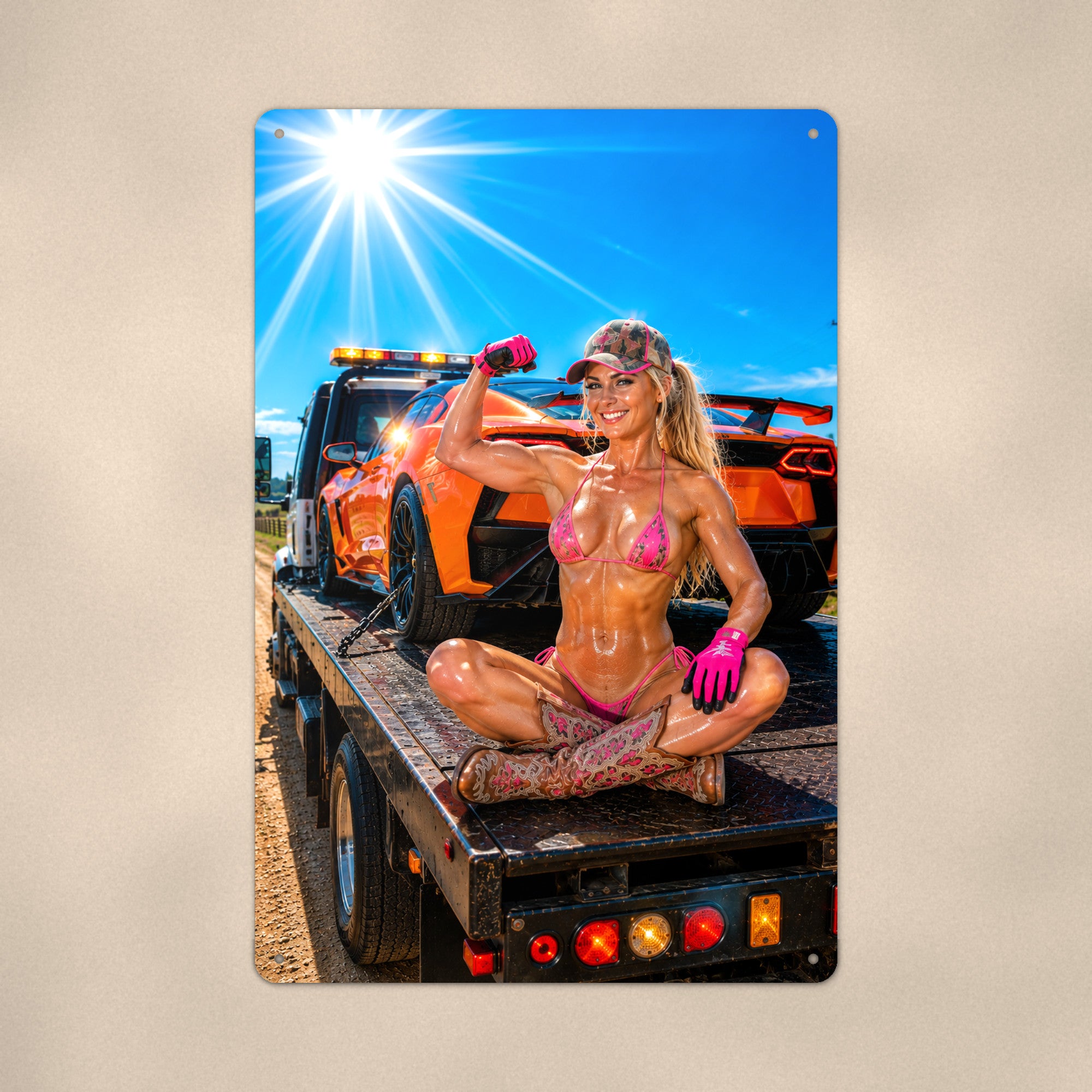 Flatbed rider hauling a sports car Metal Wall Art, Aluminum Sign, Retro Pinup Wall Decor, Vintage Pin-Up Gift