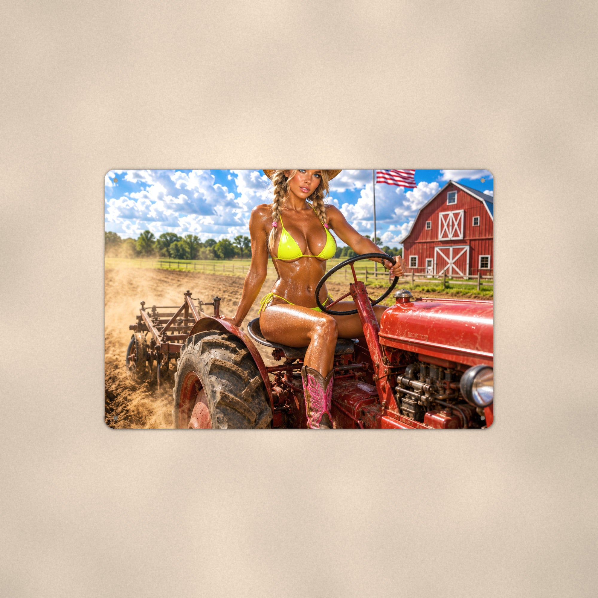 Cowgirl driving the tractor past the red barn Metal Wall Art, Aluminum Sign, Retro Pinup Wall Decor, Vintage Pin-Up Gift