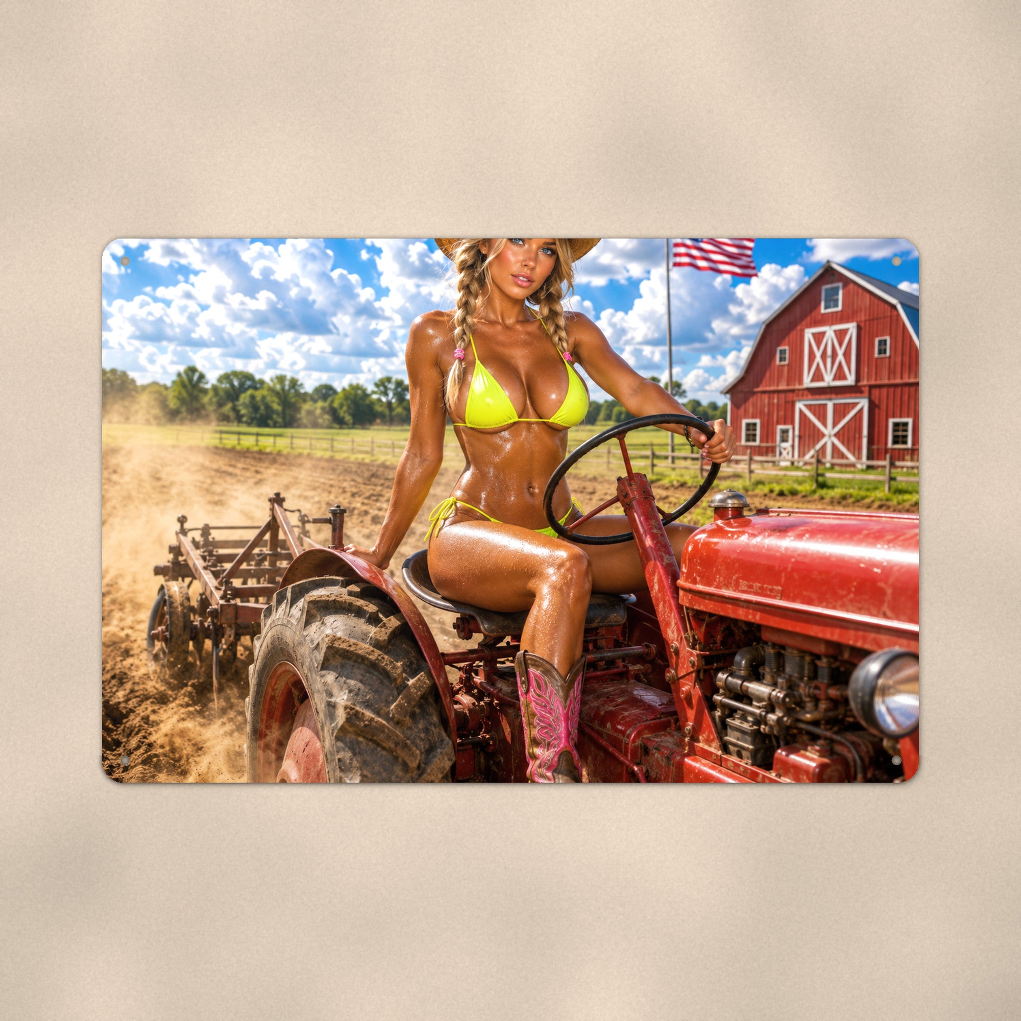 Cowgirl driving the tractor past the red barn Metal Wall Art, Aluminum Sign, Retro Pinup Wall Decor, Vintage Pin-Up Gift