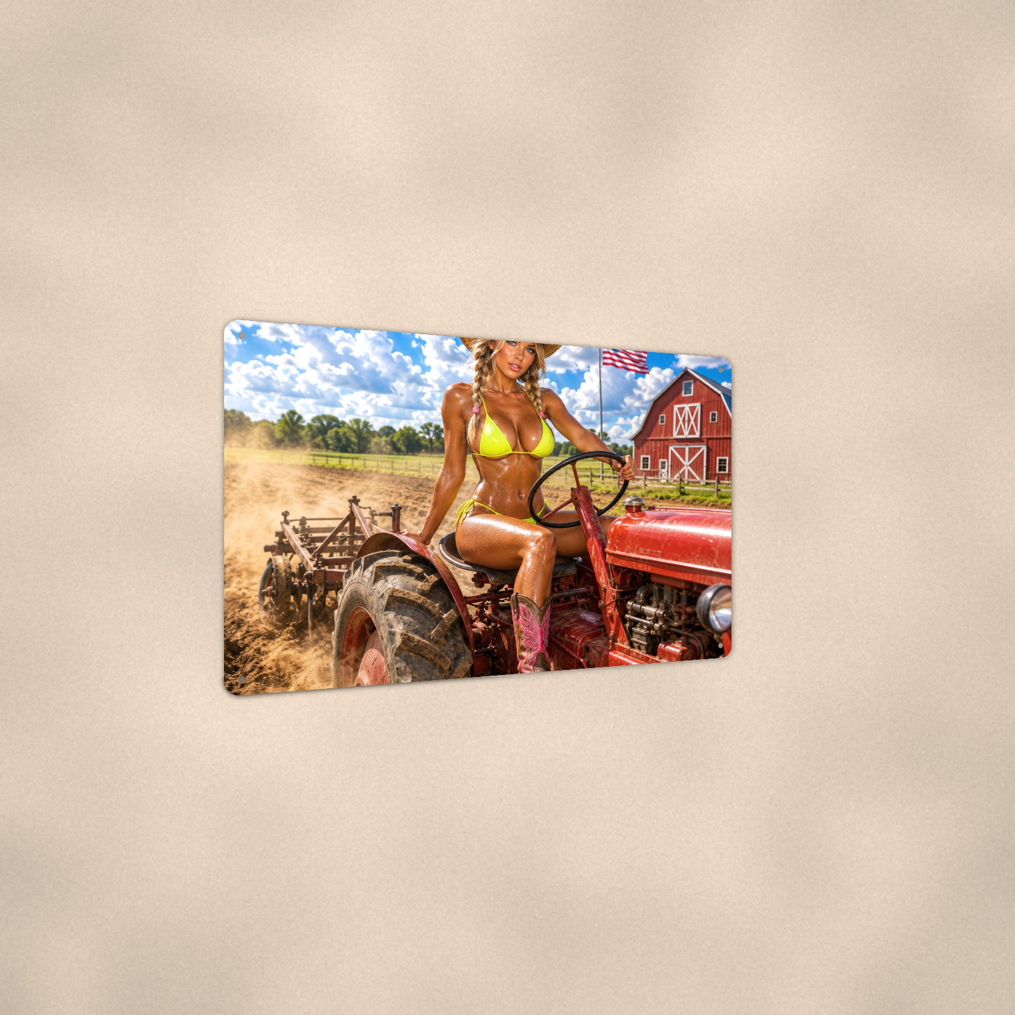 Cowgirl driving the tractor past the red barn Metal Wall Art, Aluminum Sign, Retro Pinup Wall Decor, Vintage Pin-Up Gift