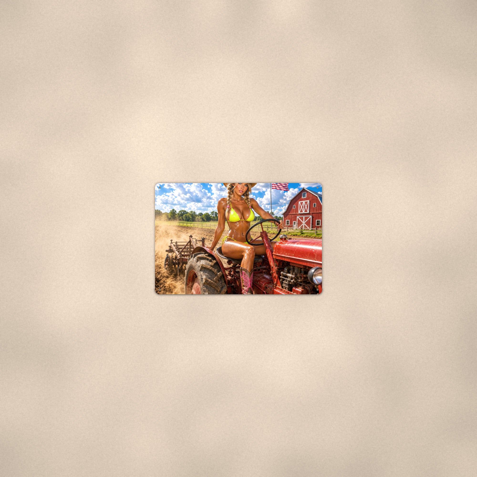 Cowgirl driving the tractor past the red barn Metal Wall Art, Aluminum Sign, Retro Pinup Wall Decor, Vintage Pin-Up Gift