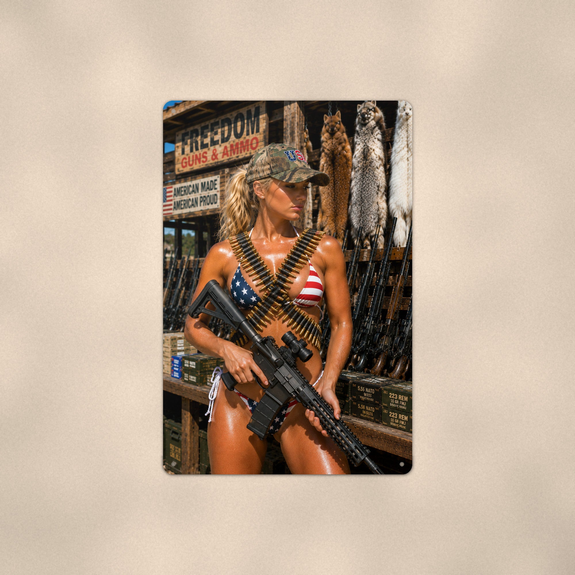 Shopper with a rifle at the gun counter Metal Wall Art, Aluminum Sign, Retro Pinup Wall Decor, Vintage Pin-Up Gift
