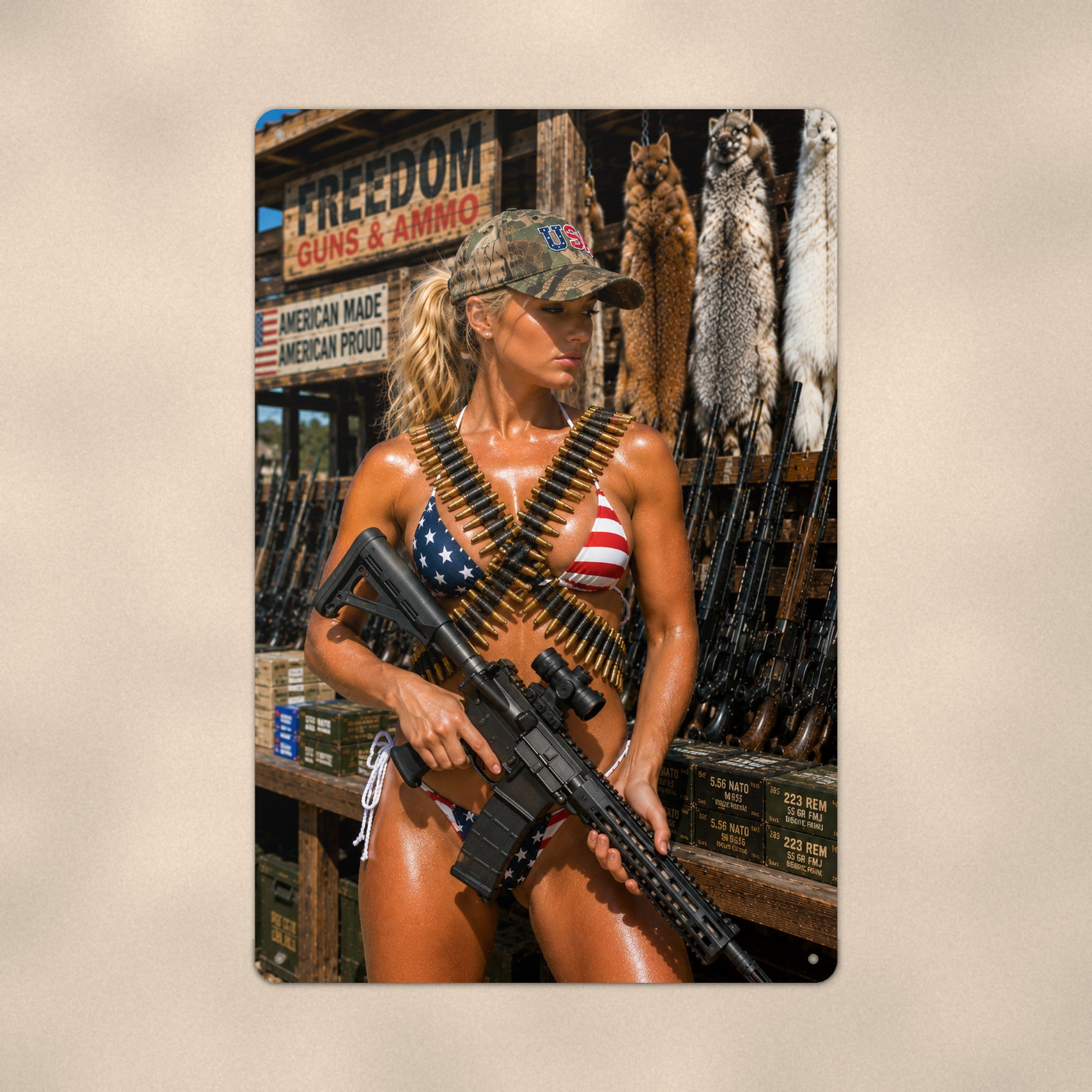 Shopper with a rifle at the gun counter Metal Wall Art, Aluminum Sign, Retro Pinup Wall Decor, Vintage Pin-Up Gift
