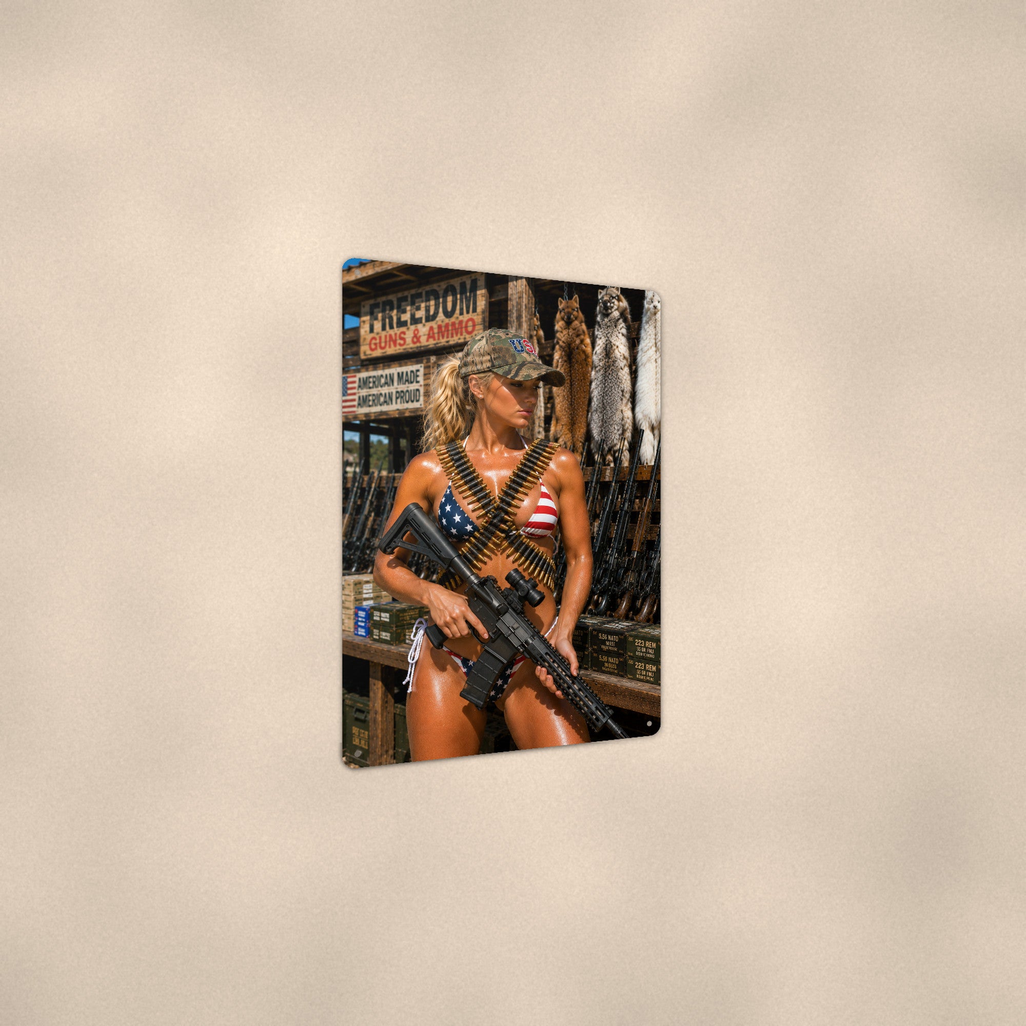 Shopper with a rifle at the gun counter Metal Wall Art, Aluminum Sign, Retro Pinup Wall Decor, Vintage Pin-Up Gift