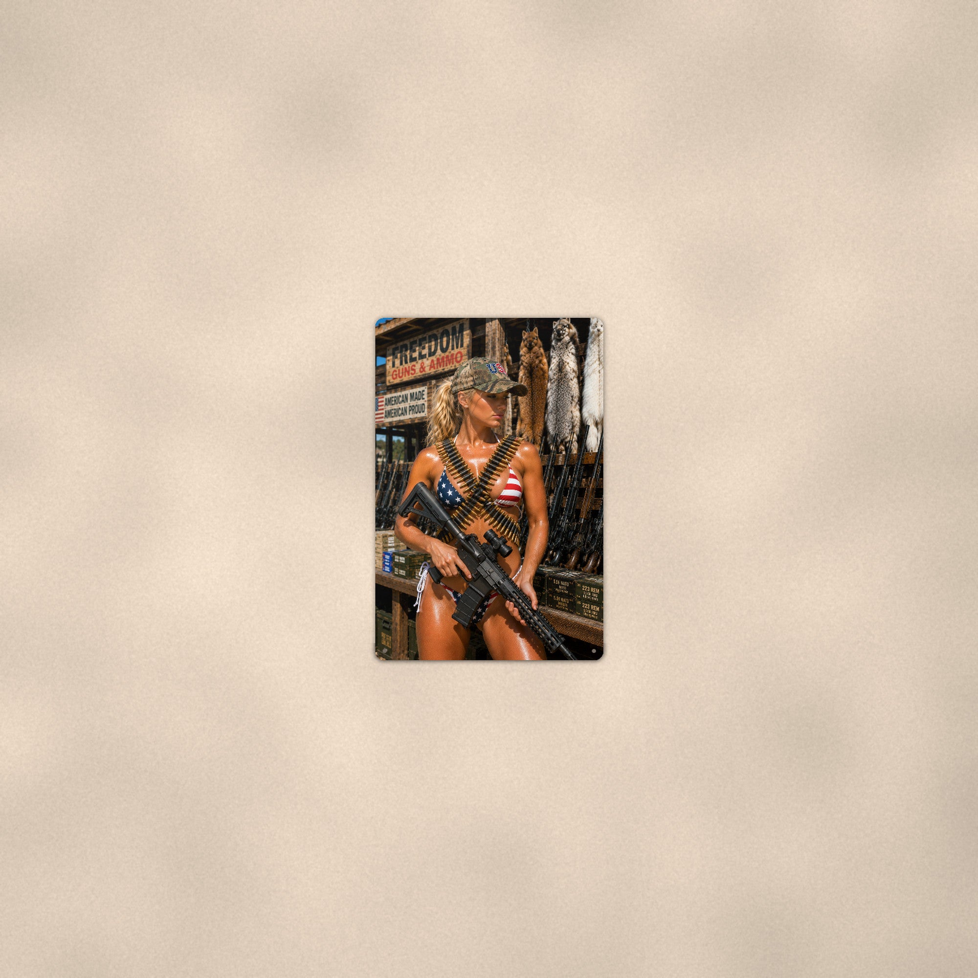Shopper with a rifle at the gun counter Metal Wall Art, Aluminum Sign, Retro Pinup Wall Decor, Vintage Pin-Up Gift