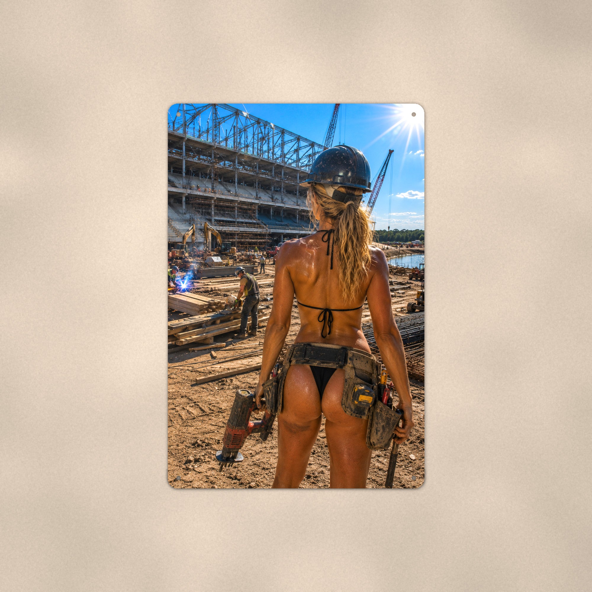Jackhammer operator at the stadium build site Metal Wall Art, Aluminum Sign, Retro Pinup Wall Decor, Vintage Pin-Up Gift