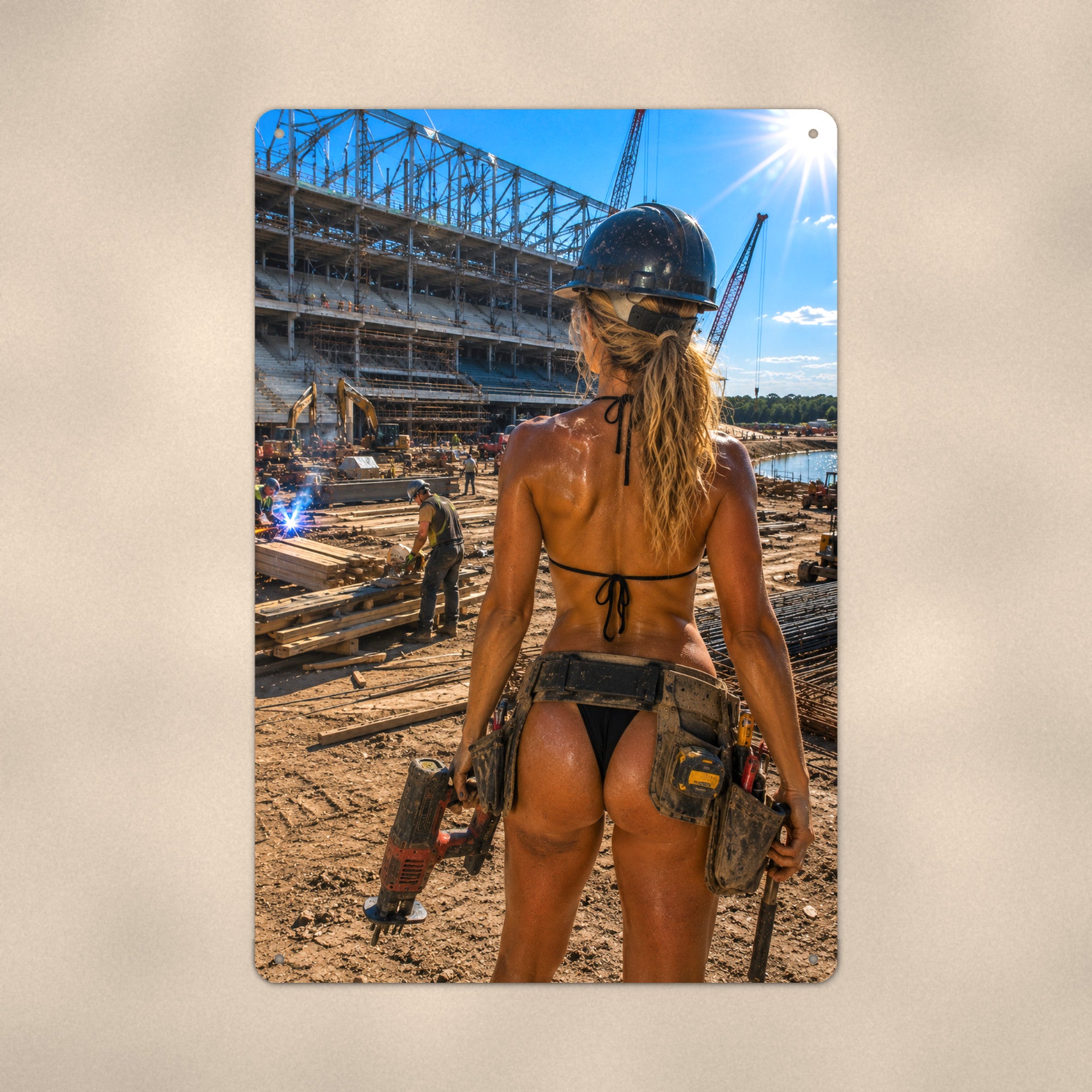 Jackhammer operator at the stadium build site Metal Wall Art, Aluminum Sign, Retro Pinup Wall Decor, Vintage Pin-Up Gift