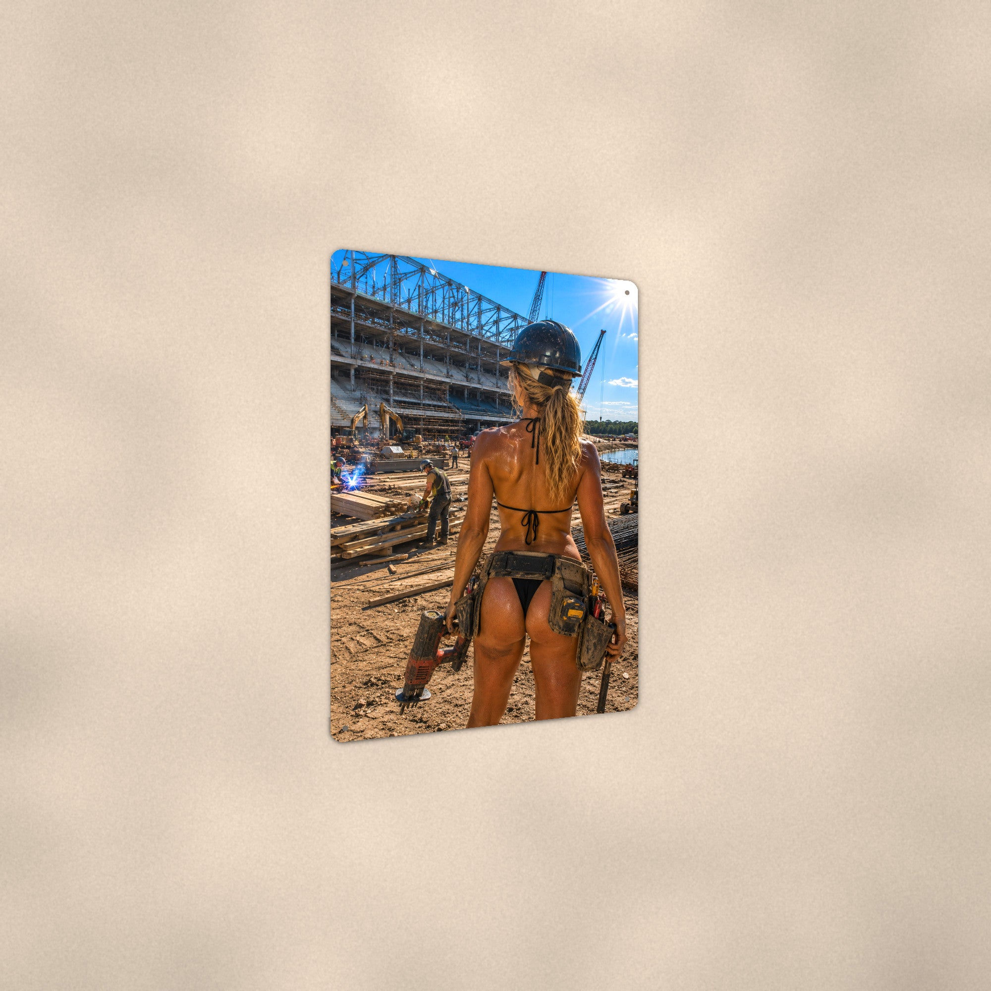 Jackhammer operator at the stadium build site Metal Wall Art, Aluminum Sign, Retro Pinup Wall Decor, Vintage Pin-Up Gift