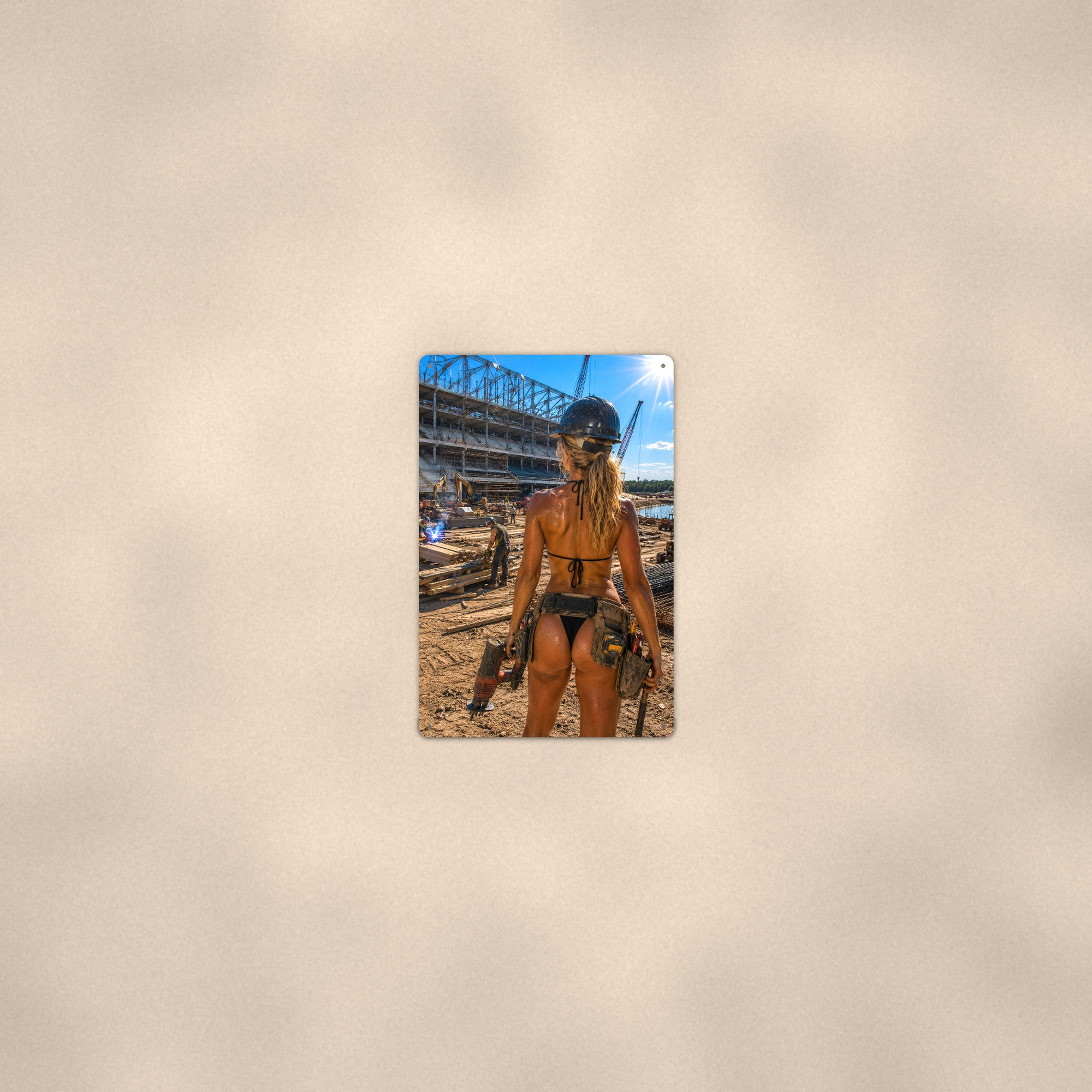 Jackhammer operator at the stadium build site Metal Wall Art, Aluminum Sign, Retro Pinup Wall Decor, Vintage Pin-Up Gift